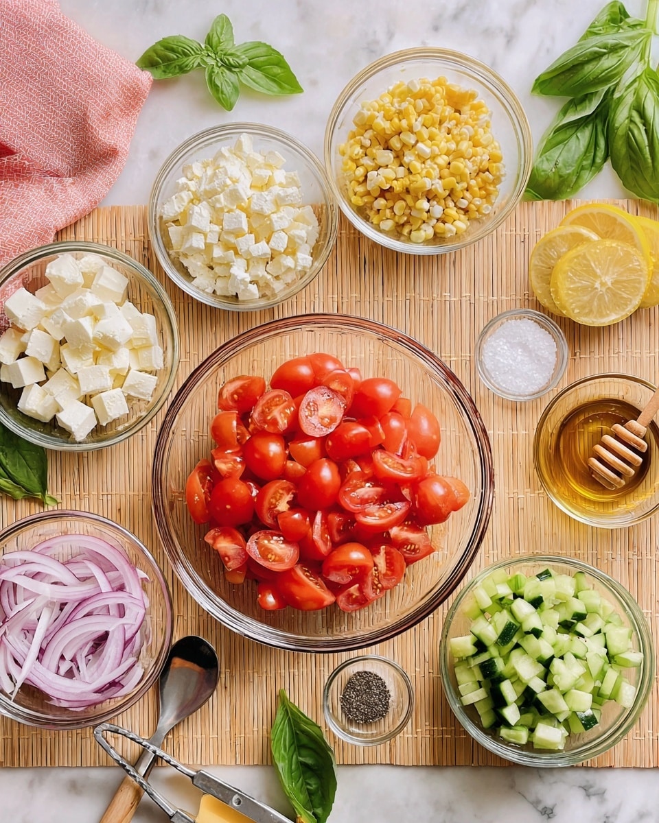 A top-down view of clear glass bowls arranged on a light wooden woven mat over a white marbled surface, showing fresh ingredients for a salad. The central bowl is filled with bright red halved grape tomatoes. Surrounding it are bowls with small white cubes of feta cheese on the top left, grilled light yellow corn kernels on the top right, thinly sliced light purple red onions on the bottom left, light green chopped scallions near the top right, and chopped green cucumber pieces on the bottom right beside a pink cloth. There are also two lemon halves showing a pale yellow inside near the bottom right, small clear dishes with black pepper and coarse white salt, golden olive oil, and amber honey with a wooden honey dipper placed at the bottom left. Fresh green basil leaves are scattered around, and shiny silver salad tongs rest on the right edge. The photo taken with an iphone --ar 4:5 --v 7