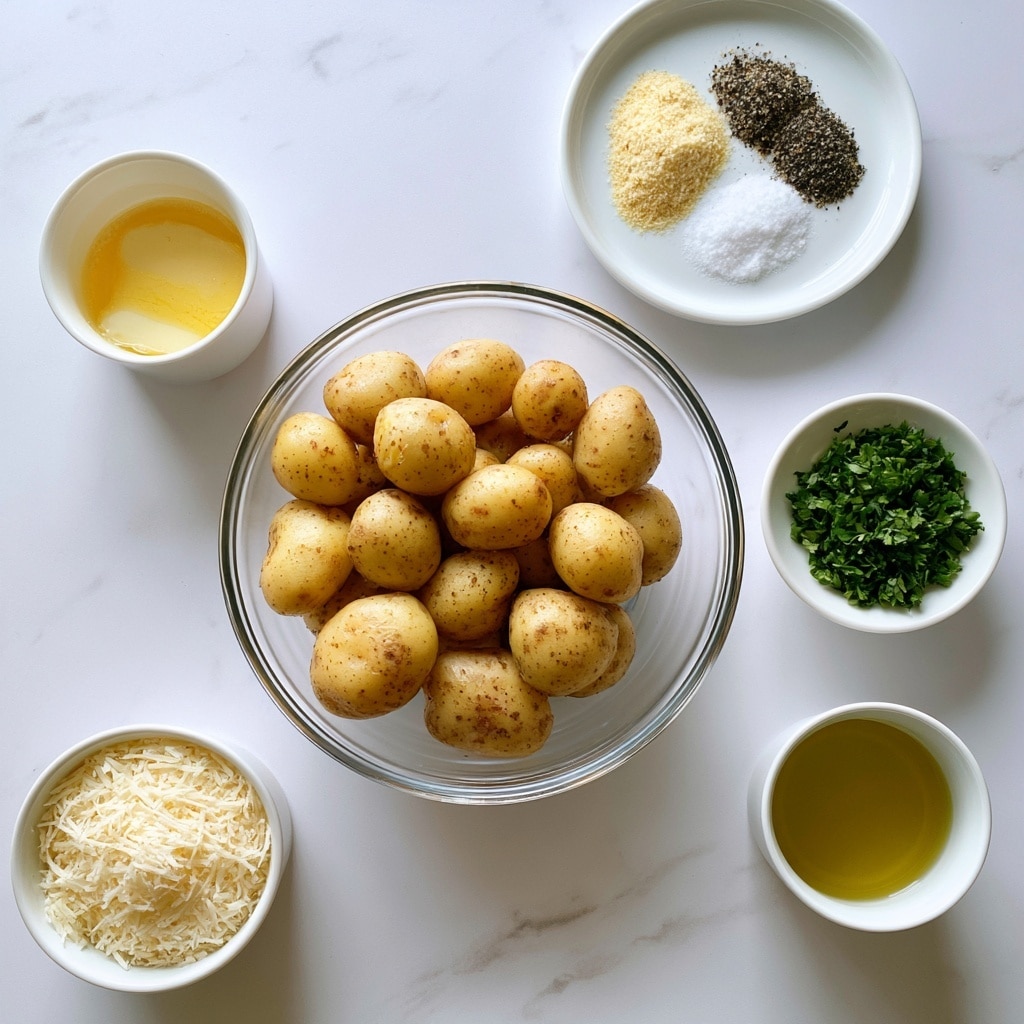 A clear glass bowl filled with many small, light brown potatoes sits in the center on a white marbled surface. Around it are white bowls and cups holding different ingredients: melted butter in a cup on the upper left, a white plate at the top right with three piles of seasoning—light yellow, black, and white powders arranged in a circle, a small white bowl of finely chopped parsley on the right side, a bowl of grated Parmesan cheese on the bottom left, and a cup of olive oil at the bottom right. All containers are neat and evenly spaced, showing a clean, simple arrangement. photo taken with an iphone --ar 4:5 --v 7