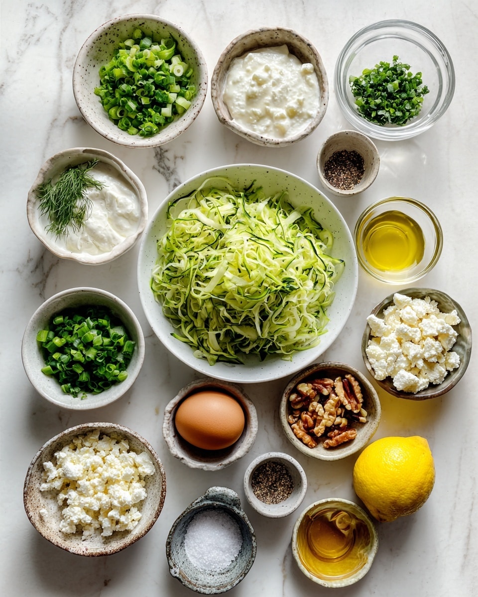 A top-down view of various small bowls with fresh ingredients arranged neatly on a white marbled surface. The centerpiece is a white bowl filled with shredded green zucchini. Around it, other white bowls hold creamy white greek yogurt, crumbly white feta cheese, chopped green scallions, coarse white flour, chopped fresh green mint, chopped dark green dill, and light brown pine nuts. There is also a small glass bowl with a whole brown egg, a small glass container with golden oil, a small amount of minced garlic in a clear bowl, a halved yellow lemon, and tiny rustic white bowls with black pepper and white salt. Each ingredient is clearly labeled with simple text. Photo taken with an iphone --ar 4:5 --v 7