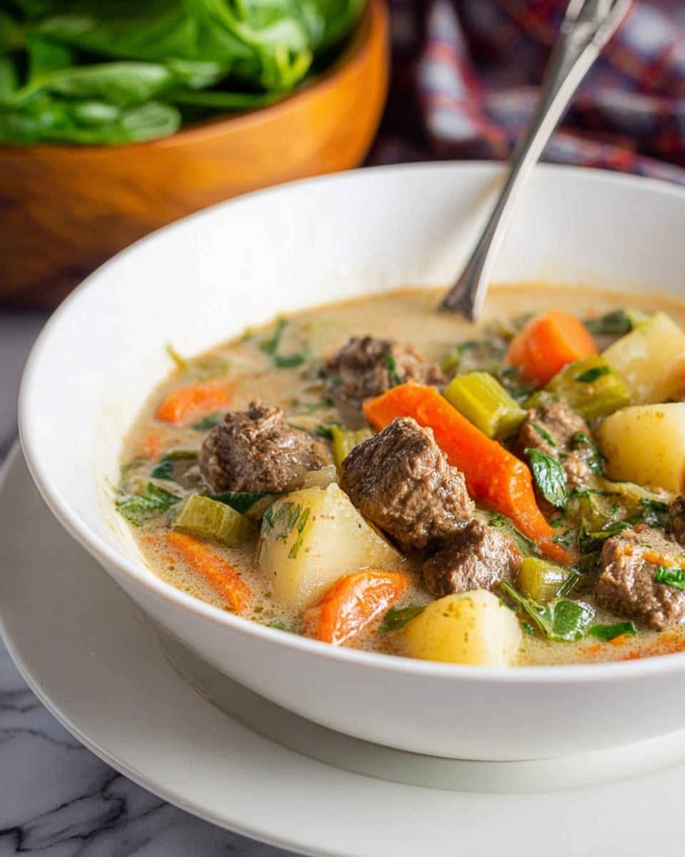 The image shows a close-up of a white bowl filled with chunky stew. The stew has several thick layers starting with tender pieces of light brown meat, bright orange carrot slices, pale yellow potato chunks, and small pieces of green celery mixed in a light brown, slightly thick broth. A spoon is partially placed inside the bowl, angled towards the back. The bowl sits on a white marbled surface, adding a clean and bright feel to the scene. The overall texture looks soft and hearty, with the ingredients clearly visible and well mixed. Photo taken with an iphone --ar 4:5 --v 7