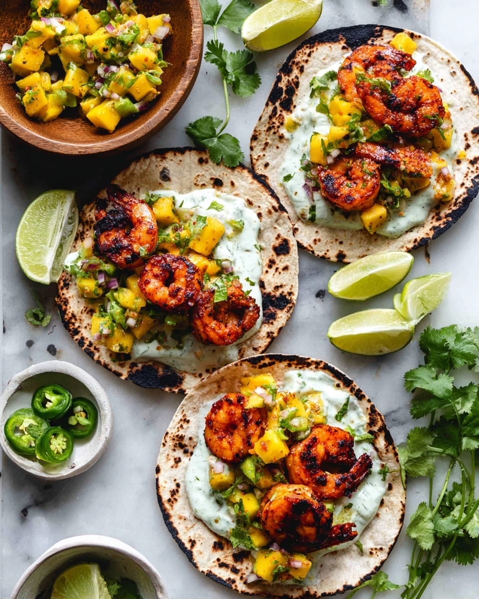 Three grilled shrimp tacos with slightly charred white tortillas are laid out on a white marbled surface. Each taco has two layers of shrimp cooked with reddish spices on the bottom, topped with diced green avocado and bright yellow mango chunks, then garnished with fresh green cilantro leaves and a drizzle of white creamy sauce. In the corner, a brown bowl with white creamy sauce is partially visible. The photo is taken up close, showing vibrant colors and textures. Photo taken with an iphone --ar 4:5 --v 7