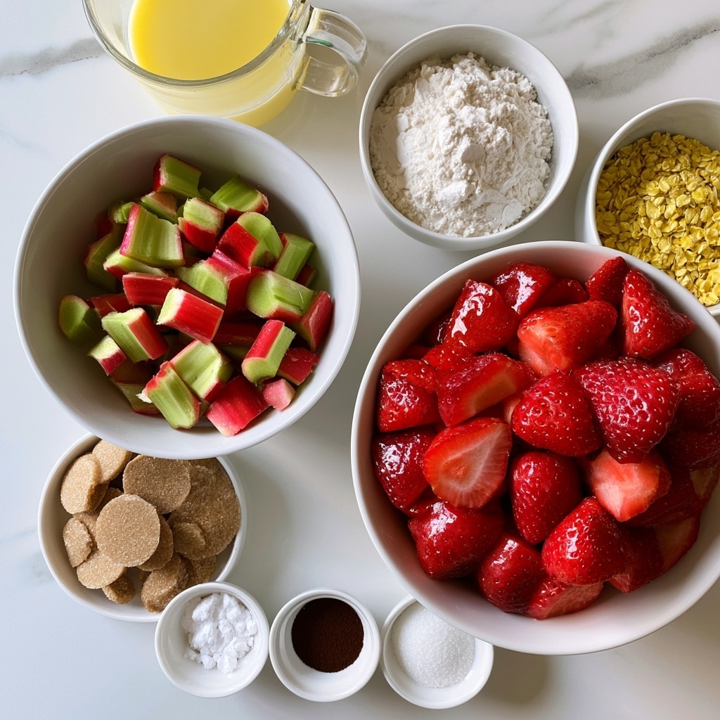 The image shows several white bowls filled with ingredients on a white marbled surface. The largest bowl is filled with bright red sliced strawberries, showing shiny surfaces and seeds. Next to it is a white bowl with chopped rhubarb pieces, which are green on the inside with red outer edges. Above it is a clear glass mug with melted yellow butter inside. There are three smaller white bowls arranged near these: one with light brown sugar disks, one with white flour that looks soft and powdery, and one with yellow rolled oats. Below the bowls of main ingredients, there are small white dishes holding white powdered sugar, dark brown powder, and white granulated sugar. Photo taken with an iphone --ar 4:5 --v 7
