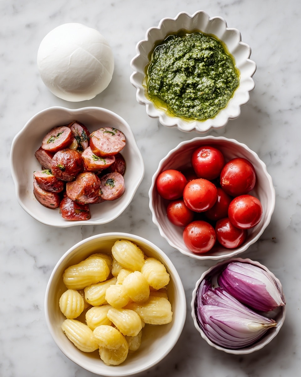 Five white bowls are arranged on a white marbled surface. The top left bowl holds a smooth, round ball of white burrata cheese. To the right is a small white bowl with scalloped edges filled with thick, green pesto sauce with a slightly chunky texture. Below the burrata is a white bowl packed with sliced sausage pieces that show small bits of red and herbs inside. To the right of the sausage, a larger white bowl is filled with round, shiny, red cherry tomatoes. At the bottom left, a white bowl contains pale yellow gnocchi with ridged textures. Finally, at the bottom right, a white bowl is filled with large wedges of purple-red onion with visible layers. photo taken with an iphone --ar 4:5 --v 7
