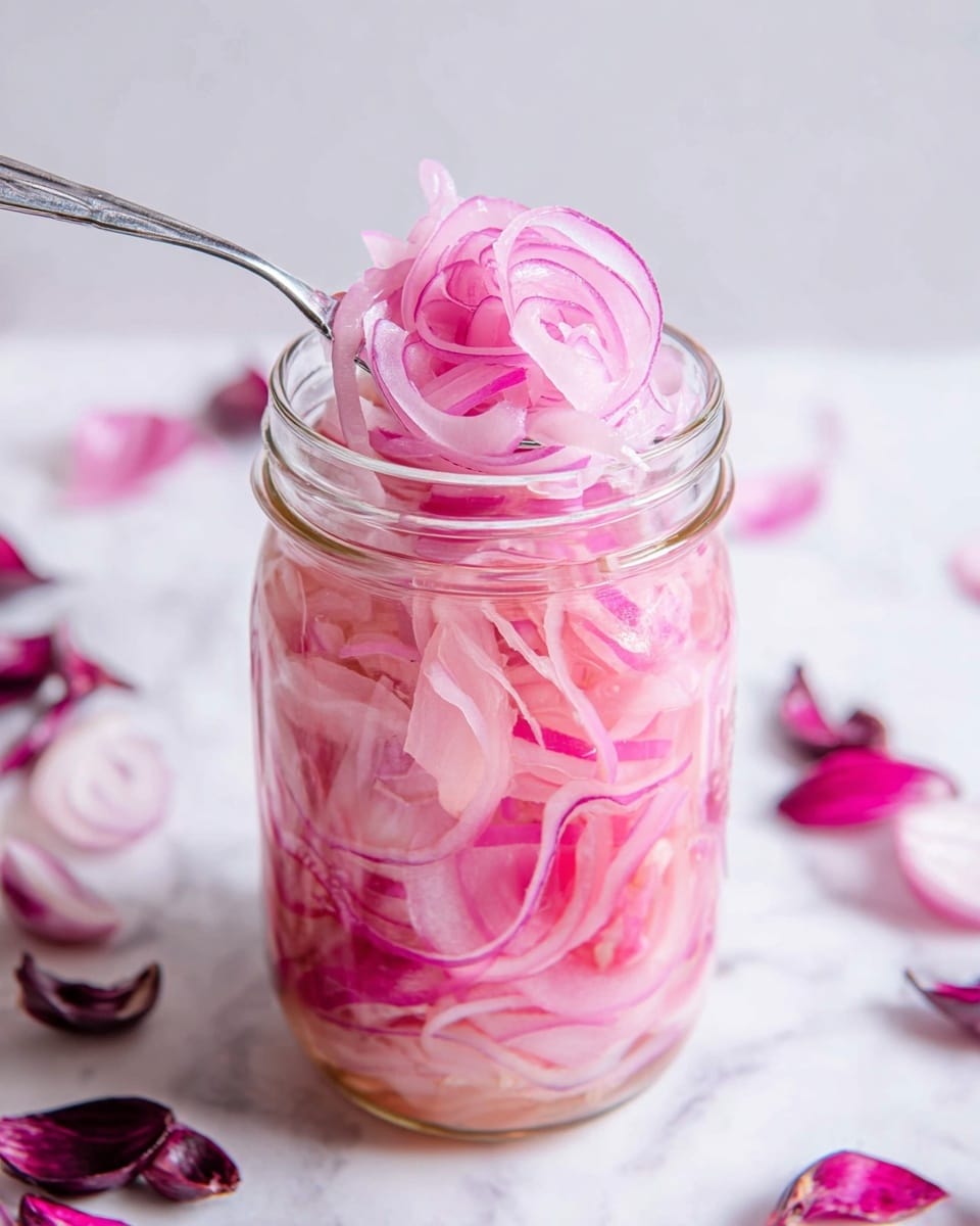 This image shows a glass jar filled with thinly sliced pink and light purple pickled onions. The jar is open, and a silver fork with an ornate handle is dipping into the jar, lifting a bundle of the onions. Around the jar on a white marbled surface, there are a few scattered pieces of bright purple onion skin. In the background, part of a whole red onion with dark purple outer layers and roots is visible, along with a blurred, striped cloth in soft pink and white tones. The colors are fresh and bright. Photo taken with an iphone --ar 4:5 --v 7