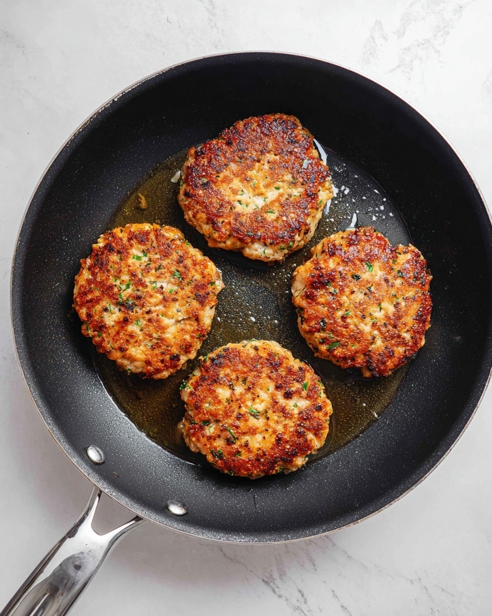 Four golden brown patties with a crispy surface and specks of green herbs cooking in a black pan with a small amount of oil visible around them. The patties are evenly spaced inside the pan, showing a nice browned texture with some darker spots. The pan has a silver handle and sits on a white marbled surface. photo taken with an iphone --ar 4:5 --v 7