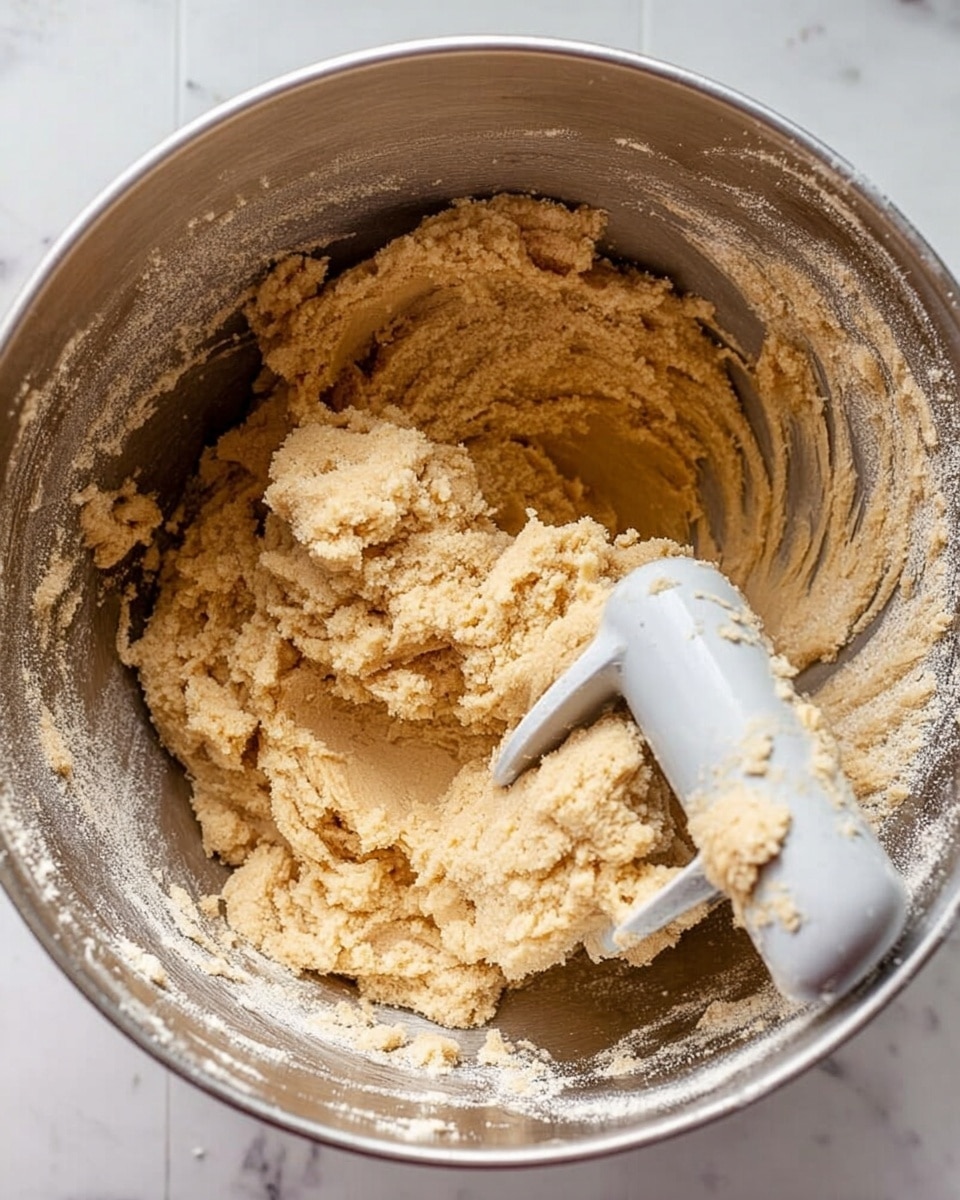 A close-up view of a metal mixing bowl filled with light brown cookie dough being mixed by a white paddle attachment. The dough has a thick, slightly crumbly texture and covers the center and sides of the bowl unevenly. The inside of the bowl shows traces of flour and dough stuck along its walls. The background features a white marbled surface. photo taken with an iphone --ar 4:5 --v 7