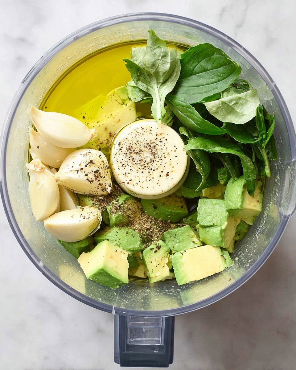 Inside a clear food processor bowl, there are visible layers starting from the bottom with a light green mix of fresh basil leaves on the right side, and avocado chunks on the left side, which have a creamy, pale green color. Near the center, there is a whole small peeled garlic clove with a smooth off-white surface, along with a sprinkle of ground black pepper resting on the avocado. The top layer has a shining pool of golden-yellow olive oil spread mostly on the right upper side. The clear food processor bowl is placed on a white marbled surface. photo taken with an iphone --ar 4:5 --v 7