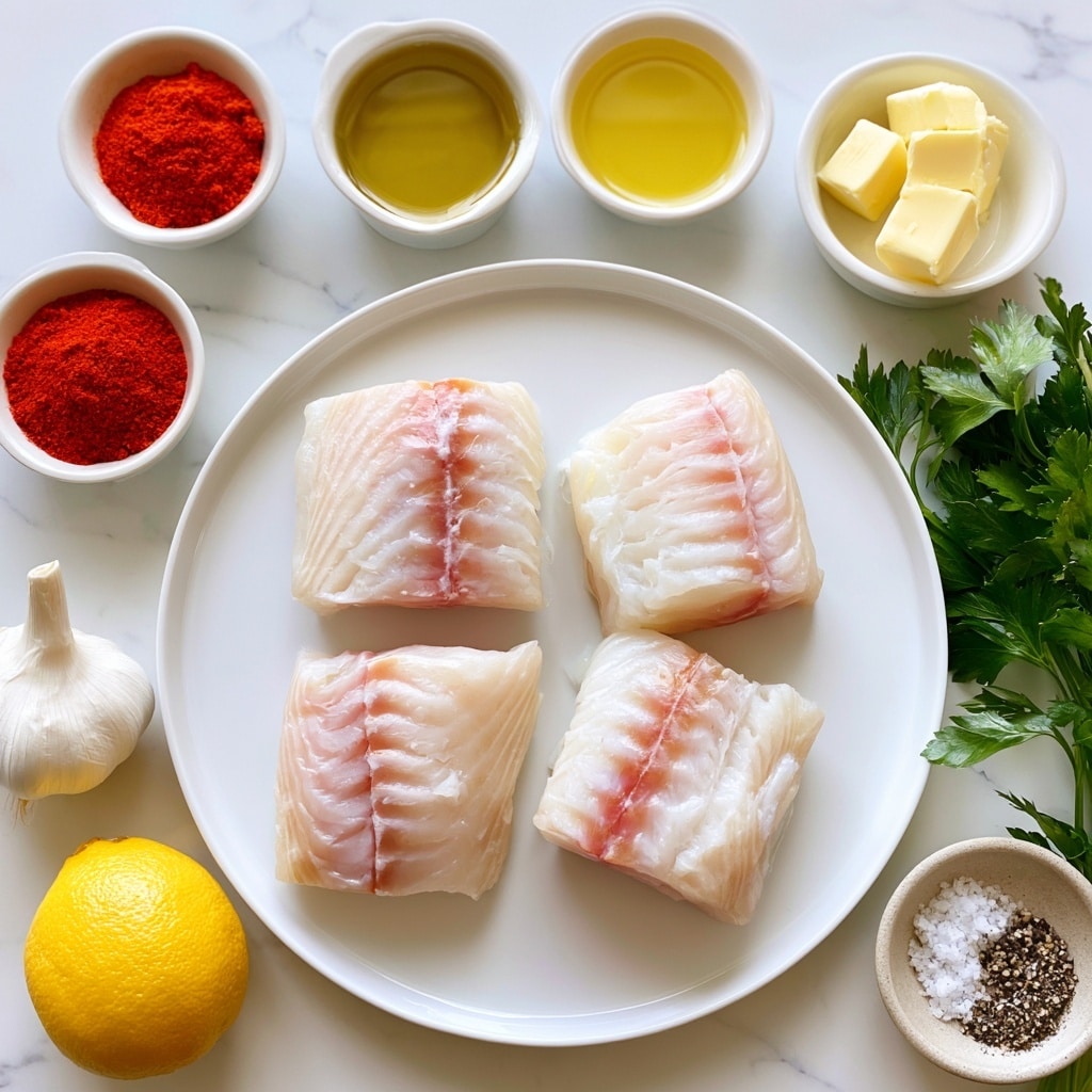 The image shows a white round plate at the center holding four pieces of raw cod fillets, each piece thick with a pale pink and white color and a smooth texture with light ridges. Around the plate on a white marbled surface are small white bowls holding bright red paprika powder, clear golden olive oil, and pale yellow butter cubes. A whole white garlic bulb, a bunch of fresh green parsley with leafy stems, a whole bright yellow lemon, and a small neutral-colored bowl with a mix of coarse salt and black pepper are also placed around the plate. Each ingredient is neatly arranged and clearly visible. Photo taken with an iphone --ar 4:5 --v 7