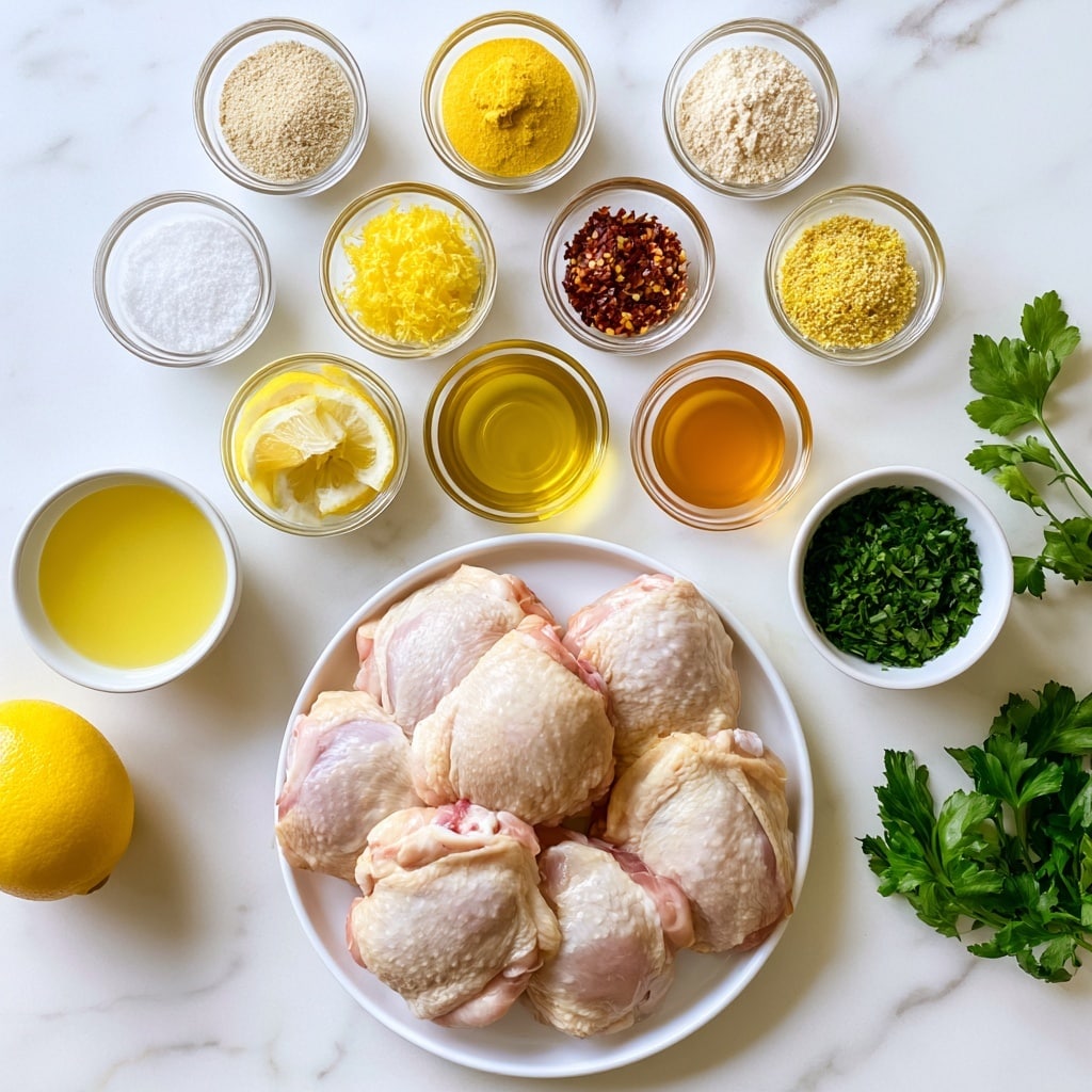 The image shows an organized flat lay of cooking ingredients on a white marbled surface. At the bottom center, there is a white plate full of six bone-in skin on chicken thighs with a pale skin color and pinkish areas. Above the chicken, from left to right, there are small clear glass bowls with garlic powder, chicken bouillon (a yellowish powder), and onion powder. Below them, a row features clear bowls with salt (white granules), bright yellow lemon zest, red pepper flakes, and lemon pepper seasoning. Centered below this layer is a round clear glass bowl filled with golden yellow oil. To the left of the oil, a small white bowl holds light yellow lemon juice, and next to it, a white bowl with fresh lemon slices. To the right of the oil bowl, there is a white bowl with honey, and next to it, fresh green chopped parsley in a white bowl. Some fresh parsley leaves are placed naturally on the white marbled surface on the right side, and a whole bright yellow lemon lies to the left. The whole scene is clean and bright. Photo taken with an iphone --ar 4:5 --v 7