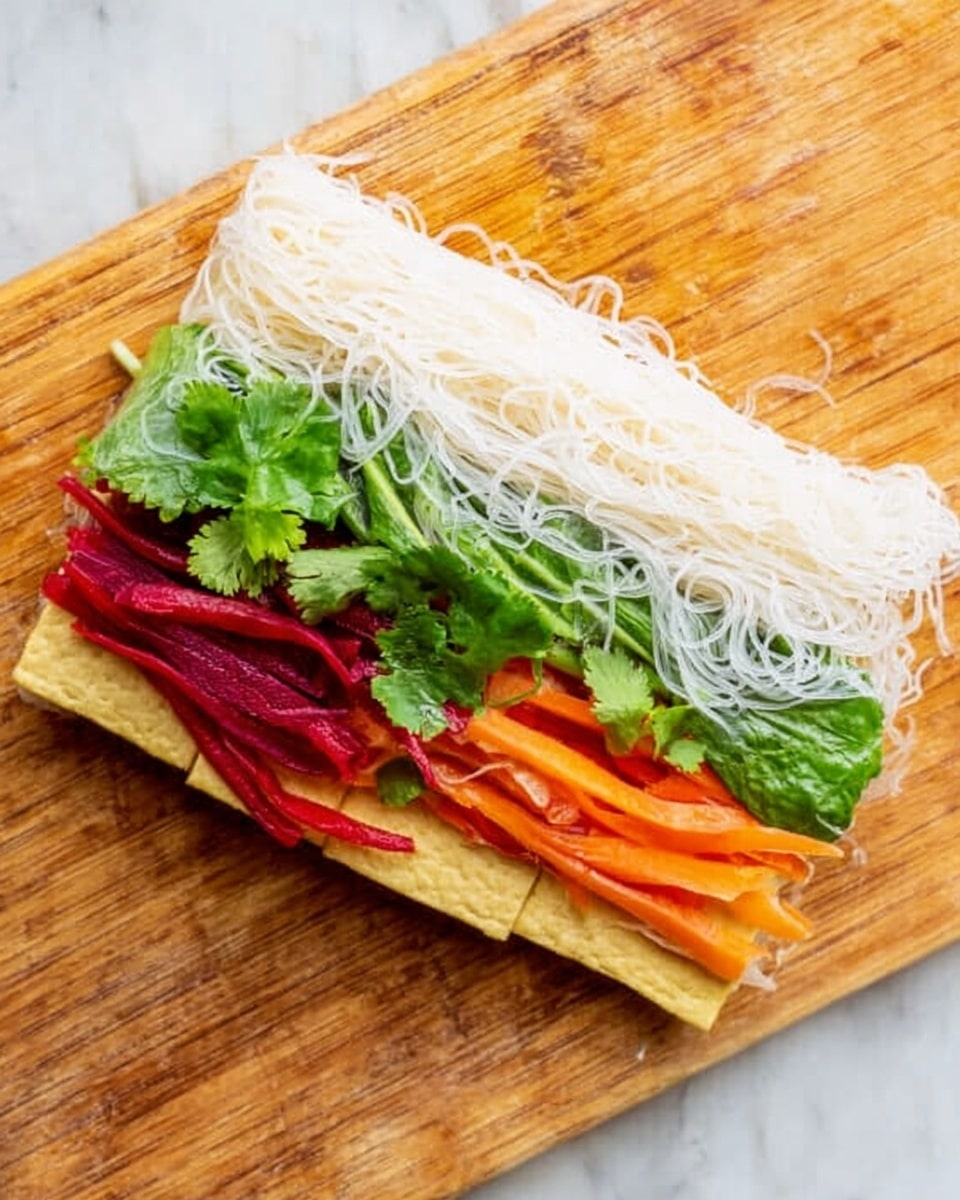 The image shows one open spring roll on a wooden board with layers visible. The bottom layer is light yellow tofu, placed flat. On top of the tofu, there are thin orange carrot strips and thin red beet strips. Above the vegetables, there are long green leaves and cilantro with green leafy texture. The top layer is soft, white cooked rice noodles with a stringy texture, spread partially over the vegetables. The background is a white marbled texture. photo taken with an iphone --ar 4:5 --v 7