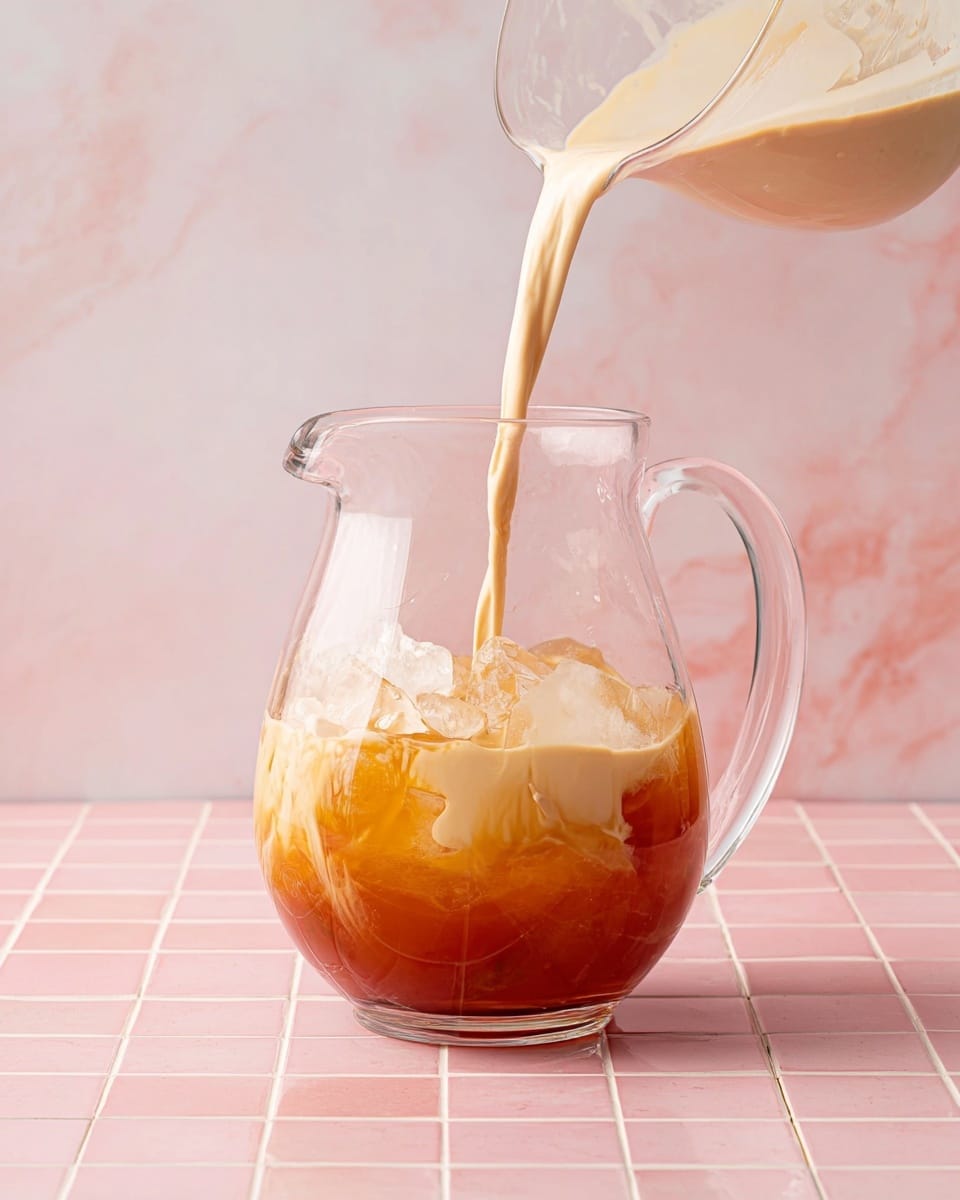 A clear glass pitcher sits on a pink tiled surface with a white marbled background, filled halfway with amber-colored iced tea and large ice cubes. A creamy pale beige liquid is being poured from above into the pitcher, creating a swirled mix where the lighter cream blends with the darker tea below. The pitcher features a wide body and a simple handle, and the smooth motion of the pour makes soft waves on the surface of the drink. photo taken with an iphone --ar 4:5 --v 7