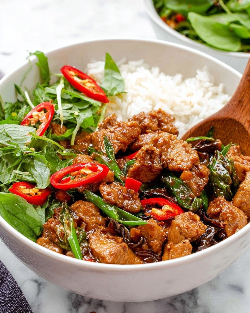 A white bowl filled with three main layers: the bottom layer consists of small white grains of rice, the middle layer has chunky pieces of cooked meat covered in a shiny brown sauce, and the top layer shows bright green fresh leaves and thin slices of red and green chili peppers scattered around. Pieces of cooked onions, both light brown and dark, are mixed with the meat. A wooden spoon is partially visible, scooping the dish on the right side. In the blurred background, part of another white bowl filled with green leaves sits on a white marbled surface. Photo taken with an iphone --ar 4:5 --v 7