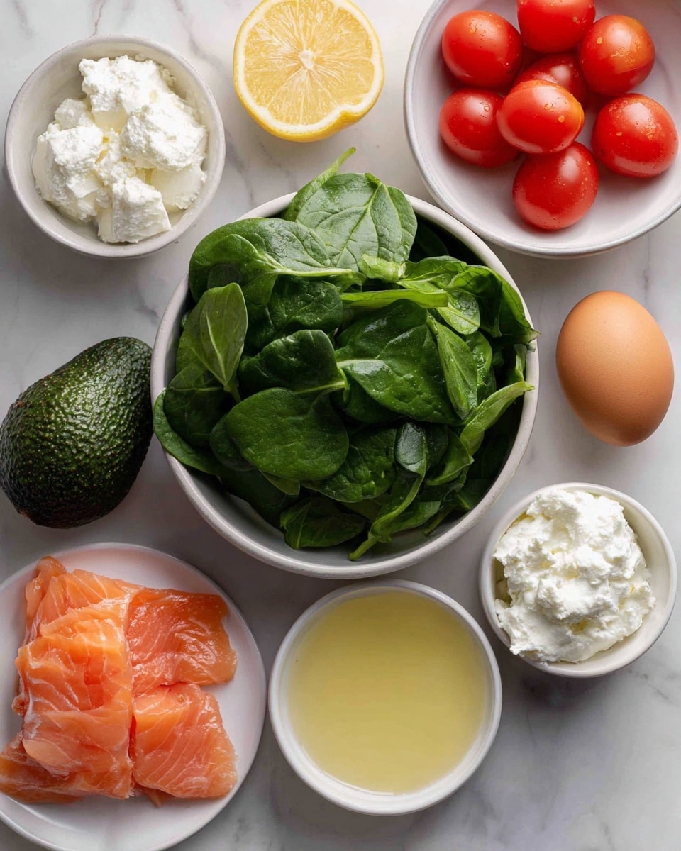 The image shows a top view of several white bowls and plates arranged on a white marbled surface, each holding different fresh ingredients. One bowl is filled with dark green baby spinach leaves with a smooth texture and visible veins. Another bowl contains small, bright red cherry tomatoes that are shiny and round. A third bowl holds creamy white cottage cheese with a slightly lumpy texture. A small white bowl has light yellow lemon vinaigrette with a smooth, oily surface. A white plate displays thin, folded slices of smoked salmon in a pinkish-orange color with a slightly shiny and delicate texture. Nearby, there is a whole smooth brown egg and a whole avocado with a dark green, bumpy skin. Photo taken with an iphone --ar 4:5 --v 7