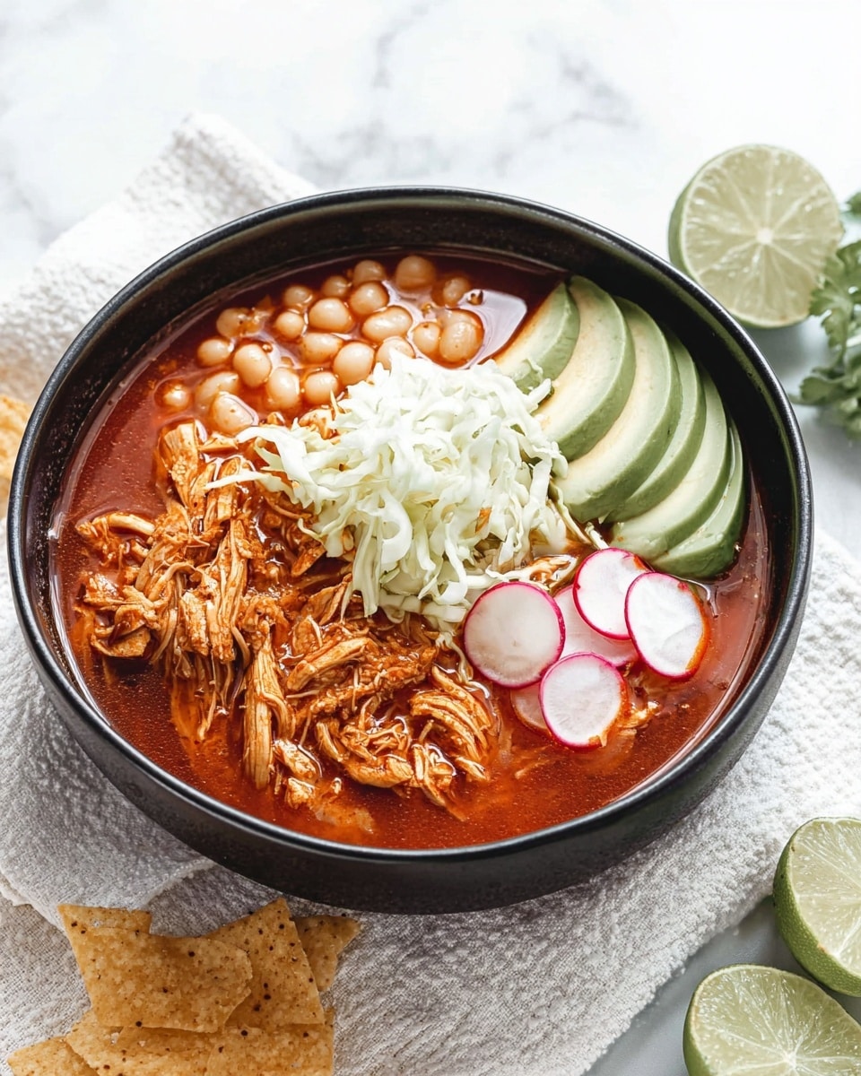 The image shows a bowl of soup with three main layers. The bottom layer is a rich red broth filling most of the bowl. On top of the broth, there is a layer of shredded light brown chicken mixed with white chickpeas. To the right side of the bowl, there are fresh toppings layered next to each other: thin, white shredded cabbage, three slices of green avocado, three thin slices of red radish, and three wedges of lime in white bowl. The bowl is placed on a white marbled surface scattered with light brown tortilla chips and lime wedges around it. A silver spoon is beside the bowl, with a woman's hand holding the bowl on the left edge of the image. photo taken with an iphone --ar 4:5 --v 7
