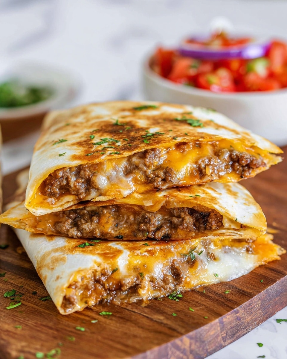 The image shows a stack of three triangular quesadilla slices placed on a wooden board, each slice made of golden-brown crispy tortillas on the outside with melted orange cheese and seasoned ground meat visible inside. The top slice is slightly tilted, showing the layers of filling inside, with bits of fresh green herbs sprinkled on the quesadillas. In the background, there is a blurred side of bright red crispy chopped tomatoes with green and purple bits on a white marbled surface. Photo taken with an iphone --ar 4:5 --v 7