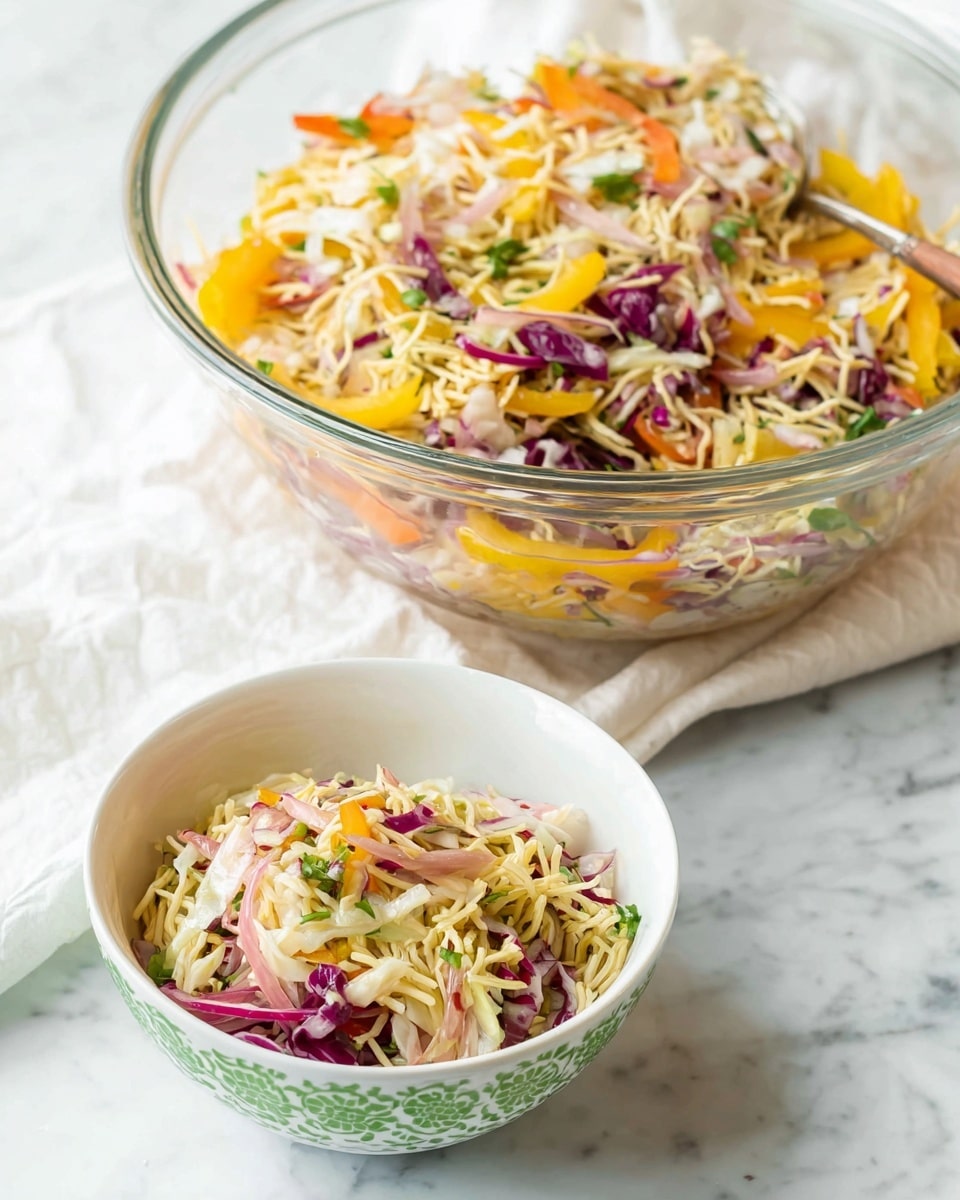 A clear glass bowl filled with colorful salad sits on a white marbled surface, showing a mix of three layers: a base of chopped white and purple cabbage, thin broken yellow noodles mixed in the middle, and scattered slices of yellow bell pepper and thin red onions on top, all mixed with small green herbs. In front, a white bowl with green patterns holds a smaller portion of the same salad, clearly showing the mix of textures and colors in each layer. The scene is bright and fresh, with a white cloth partially visible under the bowls photo taken with an iphone --ar 4:5 --v 7