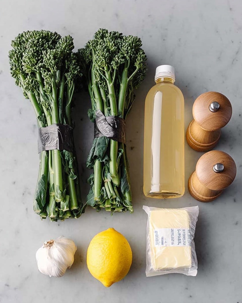The image shows fresh ingredients neatly placed on a white marbled surface. On the left, three bundles of green broccolini with long stems and leafy tops are tied with black bands and have a small label attached. To the right, there are two wooden salt and pepper shakers with a smooth texture, followed by a clear plastic bottle filled with a light yellow liquid and a white cap. In front of these is a bright yellow lemon, a bulb of white garlic with a papery outside, and a stick of butter wrapped in cream-colored paper with blue writing. The items are all arranged in a single row, evenly spaced. photo taken with an iphone --ar 4:5 --v 7