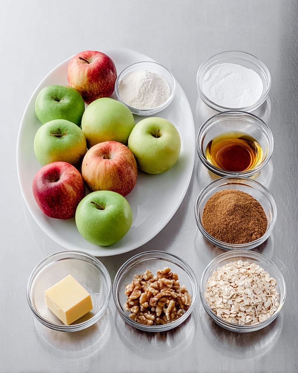 A white plate holds six whole apples, three green and three red with a smooth texture, arranged in a loose cluster on the left side of the image. To the right, there are eight small clear glass bowls lined up in two rows on a white marbled surface, each bowl containing different ingredients: white flour powder, a smaller bowl of white salt, a small bowl with amber vanilla liquid, a bowl with brown cinnamon powder, a cube of solid pale yellow butter, rolled oatmeal flakes, walnut halves, and light brown packed brown sugar. The overall layout is clean and organized with the focus on the ingredients. Photo taken with an iphone --ar 4:5 --v 7