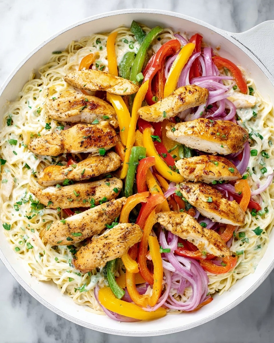 The image shows a white pan filled with a creamy pasta dish topped with many golden-brown cooked chicken strips. Underneath the chicken, there are colorful slices of red, yellow, and green bell peppers along with thinly sliced red onions, all mixed with the creamy noodles. The pan is placed on a white marbled surface. Nearby, there is a stack of three gold and black forks resting on a clean white plate with a thin dark rim. To the right, a small rustic bowl filled with chopped green herbs and a pair of glass salt and pepper shakers can be seen, along with a few fresh green leaves and whole yellow and green bell peppers. Photo taken with an iphone --ar 4:5 --v 7