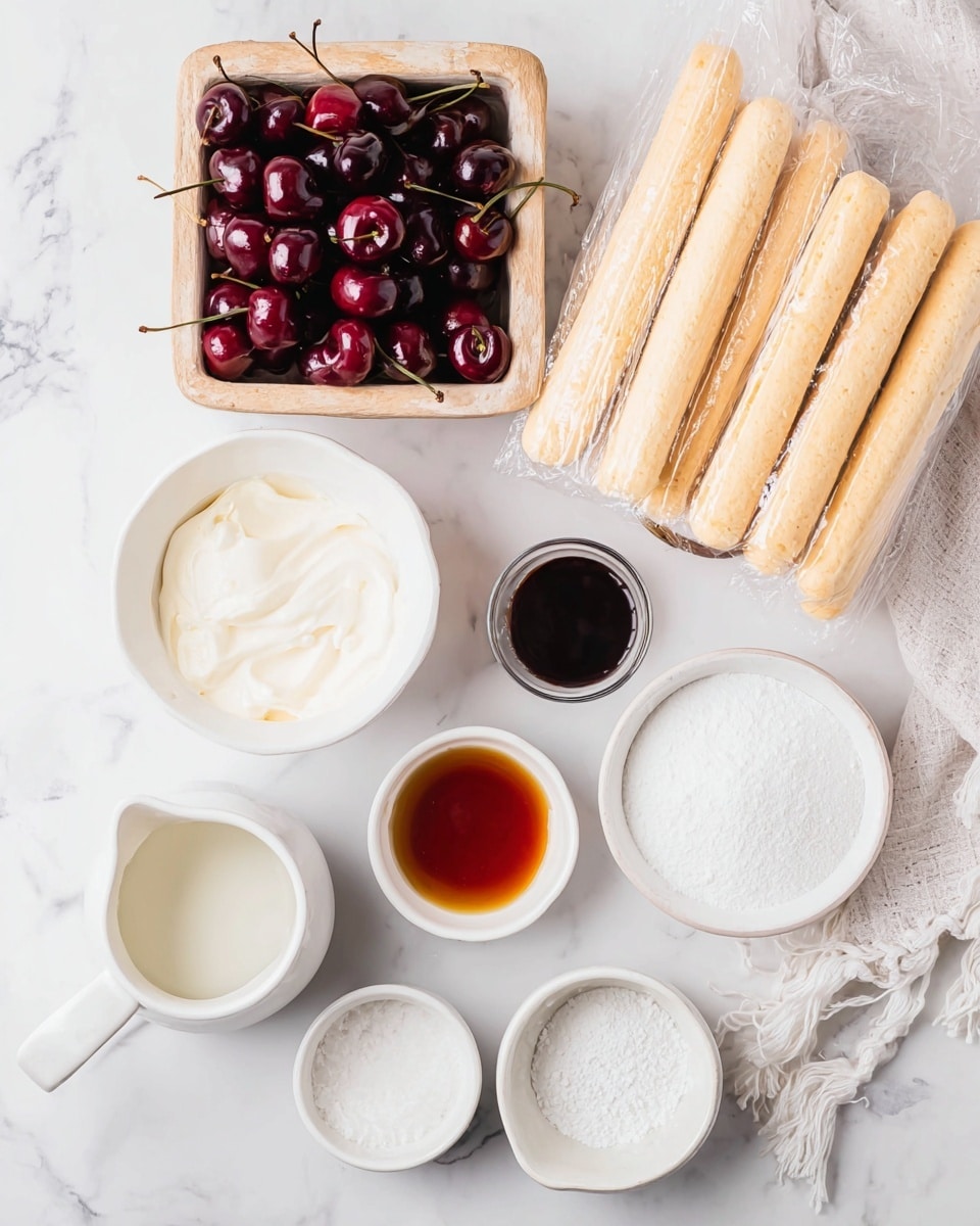 The image shows several baking ingredients placed on a white marbled surface. There is a small square wooden basket filled with dark red cherries on the top left, and next to it is a pack of light yellow ladyfinger biscuits in clear plastic wrap lying horizontally. Below the basket and biscuits, there are five white bowls and cups arranged in a loose circle: one bowl with white cream, one empty bowl, one with a dark amber liquid, one filled with white sugar, and one with a clear light solution. Additionally, there is a small white jug with a handle near the bottom left corner. A white cloth with frayed edges is partially visible at the top right corner. Photo taken with an iphone --ar 4:5 --v 7