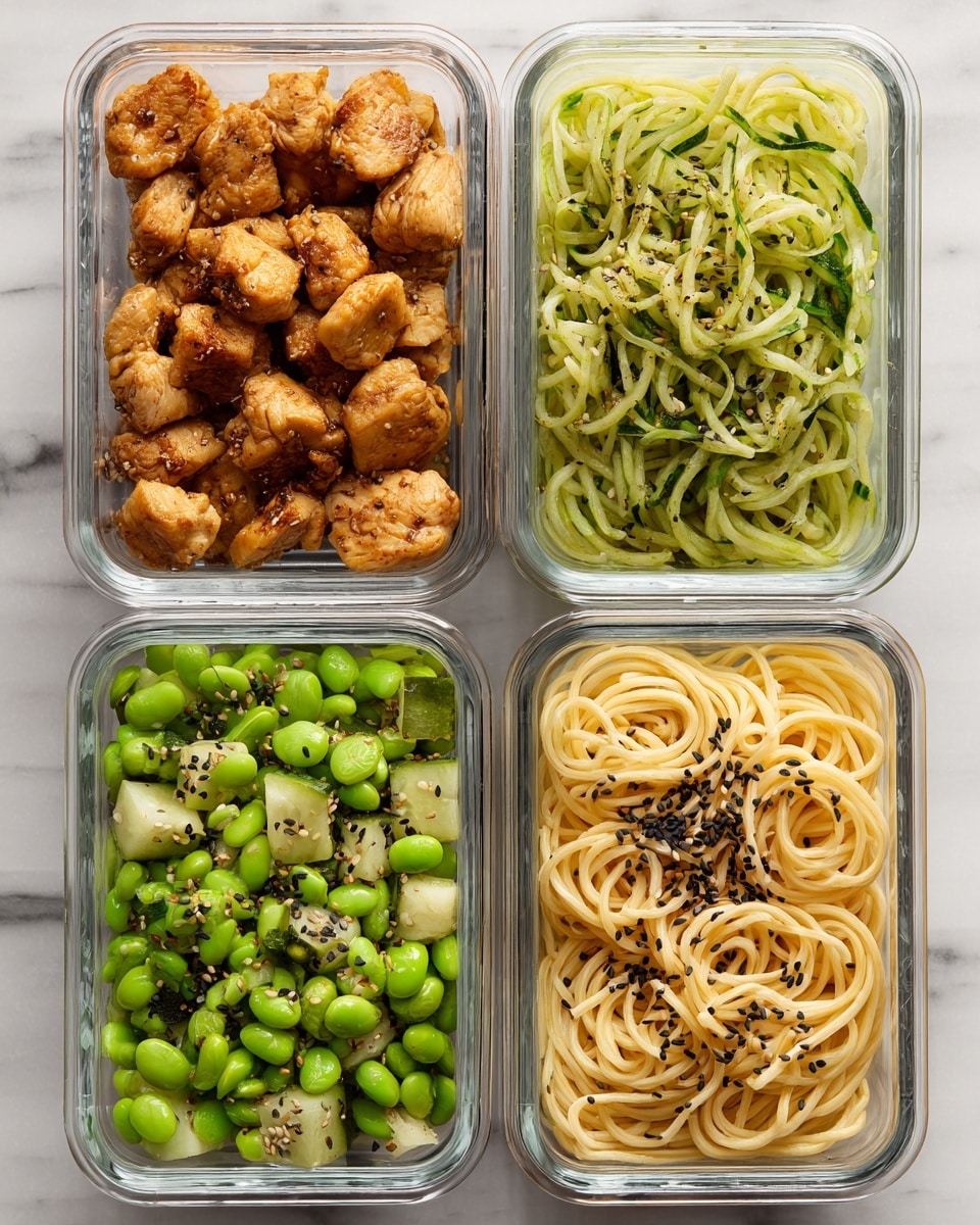 Four clear glass meal prep containers are lined up vertically on a white marbled surface. Each container is divided into three sections: on the left are golden-brown cooked chicken pieces with a slightly crispy texture, in the center are bright green edamame beans mixed with chunky, light green cucumber pieces sprinkled with black sesame seeds, and on the right are light yellow noodles arranged in loose spirals, topped with scattered black sesame seeds. The ingredients are neatly packed side by side with visible fresh textures and vibrant colors. photo taken with an iphone --ar 4:5 --v 7