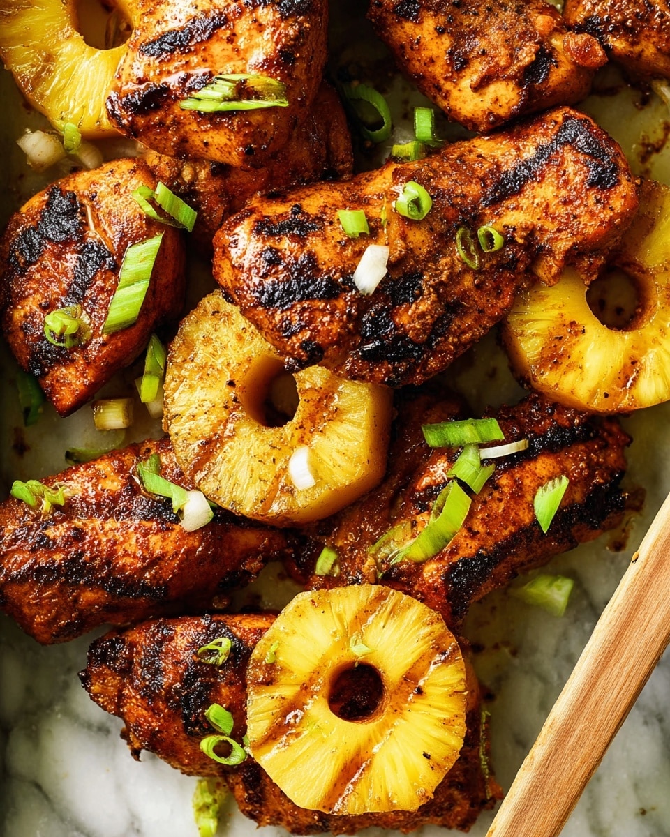 The image shows a close-up view of grilled chicken pieces with a rich brown and slightly charred texture, layered with round pineapple slices that have visible grill marks and a light yellow color. Small green onion pieces are scattered on top, adding bright green contrast. The chicken and pineapple pieces are arranged closely together on a white marbled surface, with a wooden skewer placed on the right side. The lighting highlights the seasoned and juicy look of the dish, showing crispy edges and moist centers photo taken with an iphone --ar 4:5 --v 7