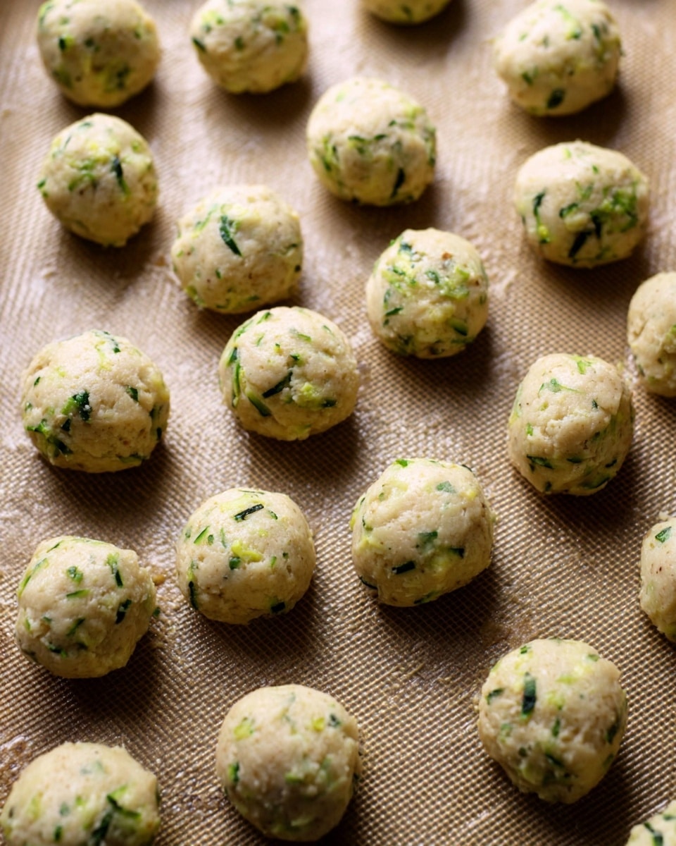 Many small, round dough balls are spread out on a baking sheet lined with light brown parchment paper that has a crisscross texture. The balls are pale beige with green bits and a slightly moist, soft texture. They look like they have bits of grated vegetable, such as zucchini, mixed inside, giving some a slightly uneven surface. The balls are spaced apart in an irregular pattern. photo taken with an iphone --ar 4:5 --v 7