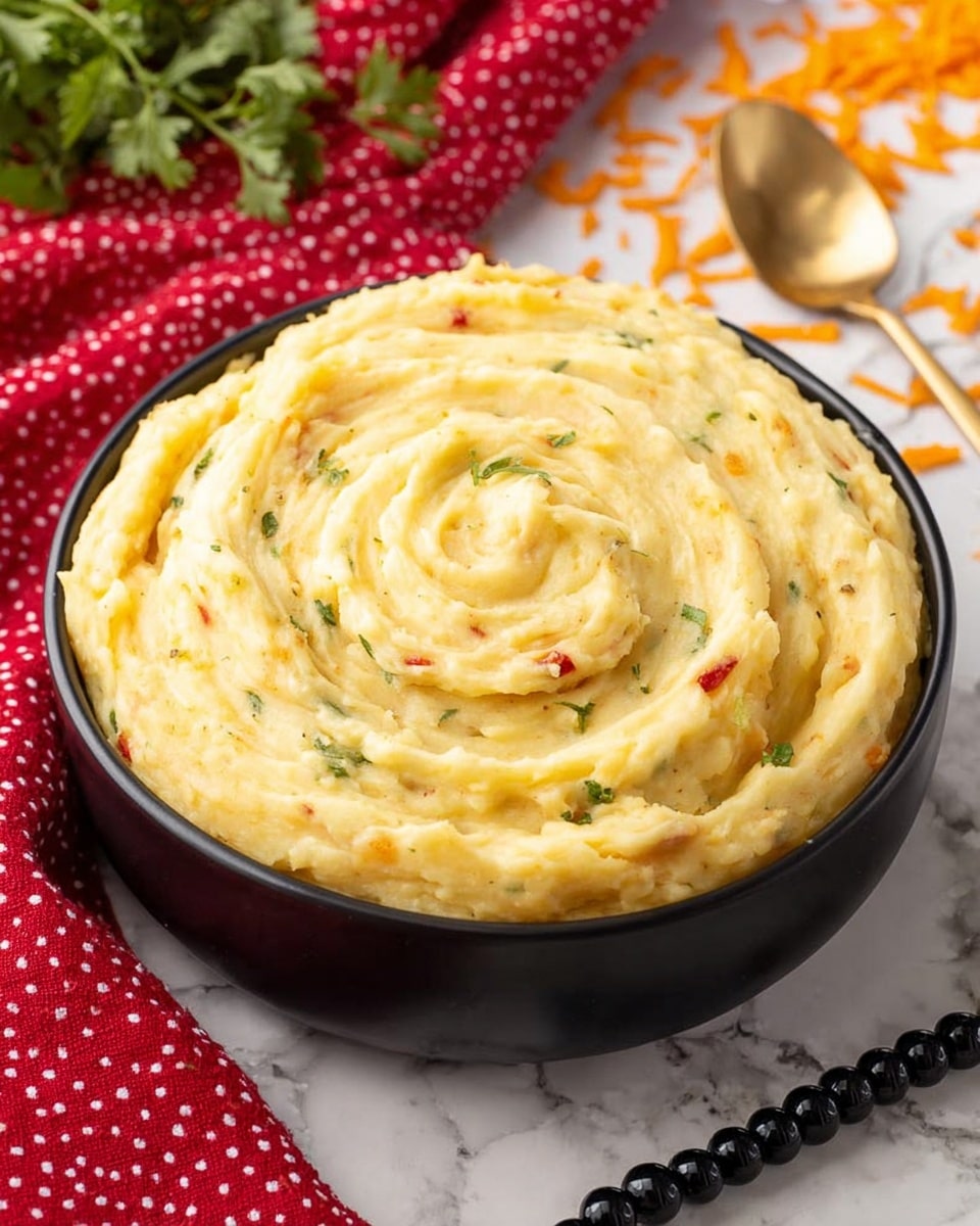 A black bowl filled with creamy mashed potatoes swirled into a spiral shape, showing bits of green herbs and small red pieces mixed throughout. The mashed potatoes have a smooth but slightly textured look with soft peaks on the surface. The bowl sits on a white marbled surface, next to a red cloth with white dots and some green herbs in the background. There are scattered orange shredded pieces around, along with a black beaded bracelet on the right and a gold spoon. Photo taken with an iphone --ar 4:5 --v 7