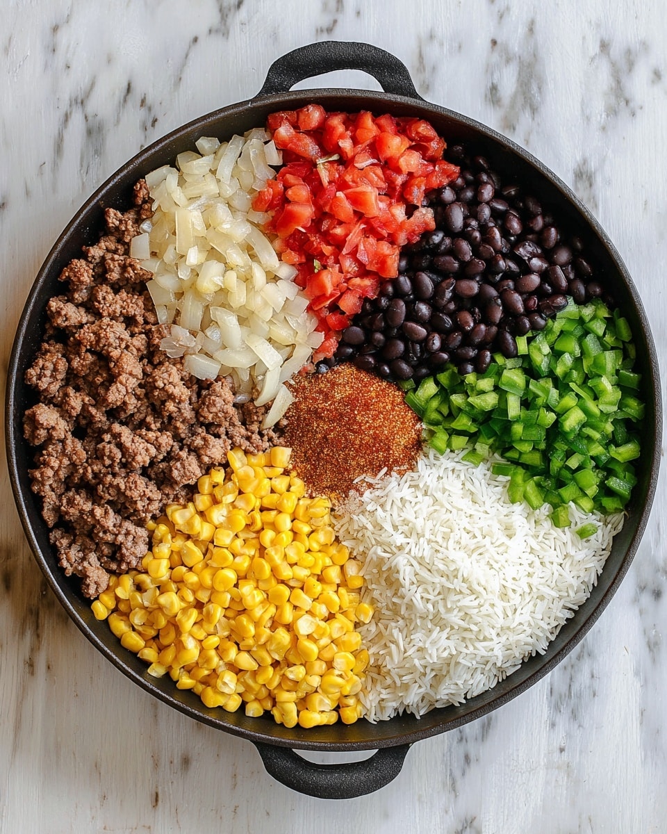 A round black pan filled with six sections of different ingredients arranged side by side: cooked ground beef with small pieces of onions in a light brown color on the bottom left, bright yellow corn kernels above the beef, shiny black beans next to the corn, finely chopped red tomatoes on the top, white uncooked rice to the right of the tomatoes, and chopped green bell peppers next to the rice. In the center, there is a small mound of reddish-brown taco seasoning spice. The pan rests on a white marbled surface. Photo taken with an iphone --ar 4:5 --v 7