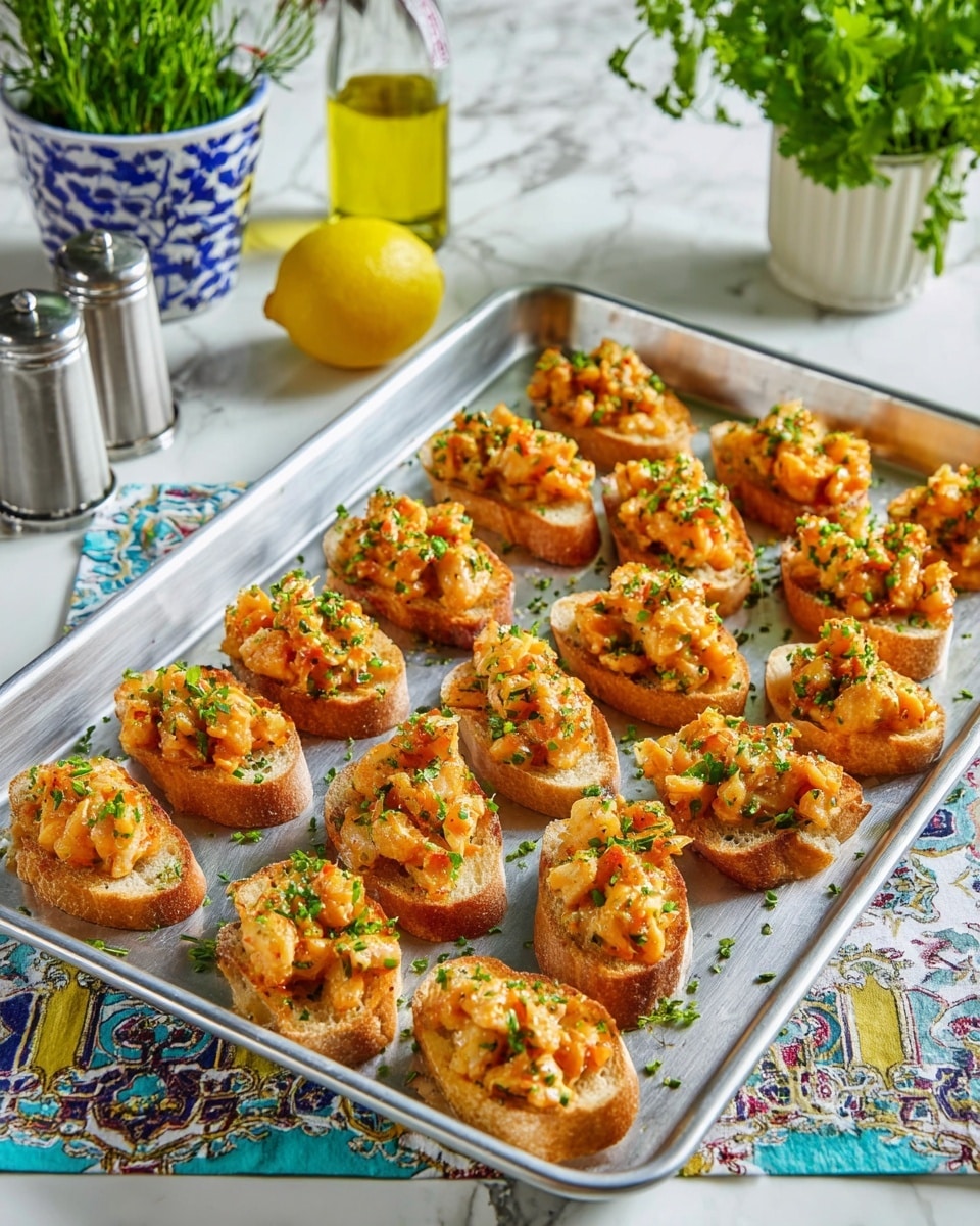 There is a large metal tray with 20 pieces of toasted bread slices arranged neatly. Each slice is topped with a chunky mixture of orange, light brown, and green bits, likely small pieces of seafood and herbs, giving a vibrant look. The topping has a rough texture with small green garnishing on top on every piece. The tray is placed on a white marbled surface with a patterned cloth partly under it. In the background, there is a glass bottle of yellow oil, a half lemon, a green herb plant in a white and blue patterned container, and a pair of salt and pepper shakers along with a green plant in a white pot. The photo taken with an iphone --ar 4:5 --v 7