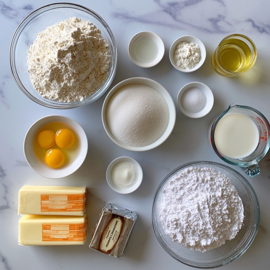 The image shows a collection of baking ingredients arranged on a white marbled surface. There is one large clear glass bowl filled with white flour on the top left, and next to it on the right are small white dishes containing clear liquid vanilla, white baking powder, and pale yellow canola oil. Below the flour bowl, a white bowl holds two cracked eggs with yellow yolks and clear whites. A larger white bowl filled with white granulated sugar is placed near the middle, and beside it a small white bowl contains salt. To the far right, there is a clear glass measuring cup filled with white buttermilk. Below the eggs and sugar, a small white bowl contains white cream. At the bottom left, there are two light yellow sticks of butter with orange labels, and next to them is a wrapped silver block of cream cheese. A large clear glass bowl filled with white powdered sugar is seen at the lower right. Each ingredient is labeled with black text on a white background. Photo taken with an iphone --ar 4:5 --v 7