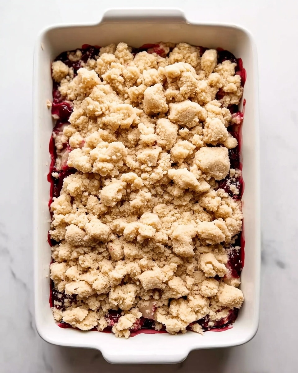 A white rectangular baking dish filled with a two-layer dessert, the bottom layer is dark red fruit filling, slightly visible through the gaps, and the top layer is a crumbly light beige dough broken into uneven small chunks spread on top. The dish is placed on a white marbled surface. Photo taken with an iphone --ar 4:5 --v 7