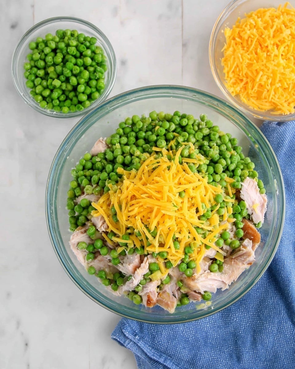 A clear glass bowl sits on a white marbled surface next to two small clear glass bowls on a blue cloth. The large bowl has three layers: at the bottom, pieces of cooked light brown chicken, in the middle frozen green peas covering the chicken, and shredded bright yellow cheddar cheese sprinkled on top of the peas. One small bowl is filled with frozen green peas, and the other bowl holds shredded cheddar cheese. Photo taken with an iphone --ar 4:5 --v 7