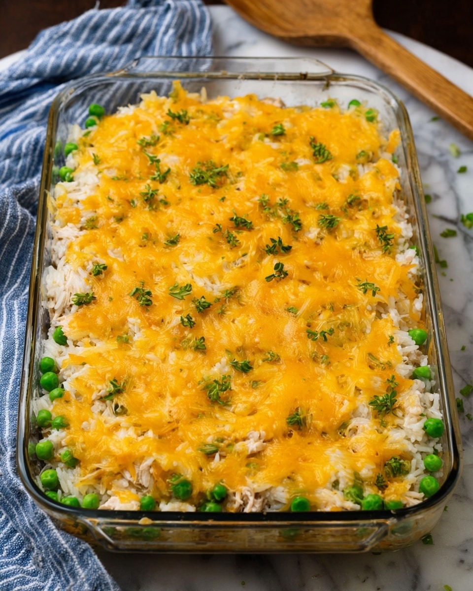 A clear glass baking dish filled with a rice casserole that has three visible layers: the bottom layer of green peas scattered around the edges, the middle layer of white rice mixed with shredded light-colored chicken, and a top layer of melted golden-yellow cheese spread evenly with small pieces of green herbs sprinkled on top. The dish is set on a white marbled surface with a blue and white striped cloth and a wooden utensil visible in the background. Photo taken with an iphone --ar 4:5 --v 7
