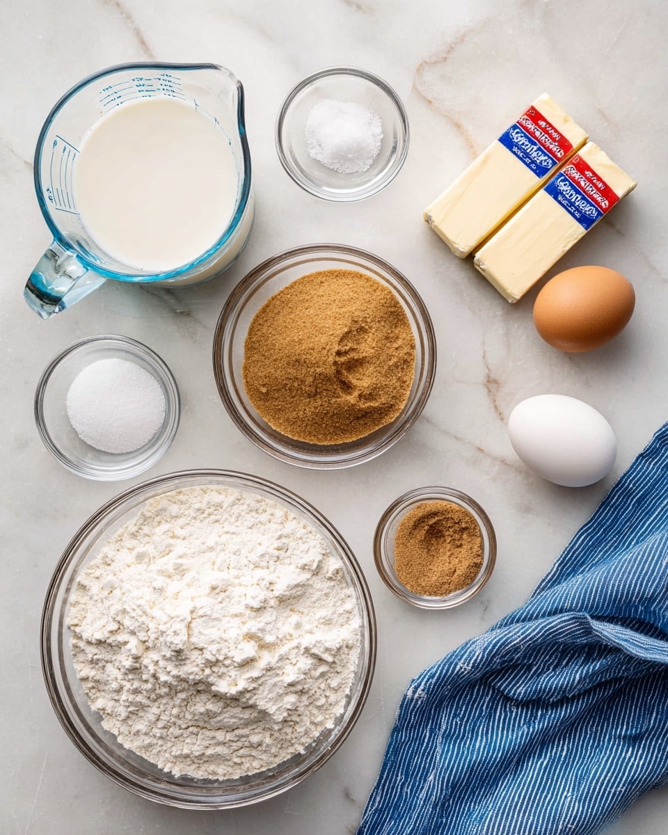 The image shows various ingredients placed on a white marbled surface. There is a large clear glass bowl filled with white flour at the bottom left, and above it is a smaller clear glass bowl filled with light brown sugar. To the right of the brown sugar bowl, there is a small clear bowl holding a light brown powder, likely cinnamon. Just above it is a tiny clear bowl with dry yeast. Above these ingredients, there is a glass measuring cup filled with white milk to the far left, and at the top right, two sticks of butter wrapped in paper with red and blue labels. A single white egg is placed near the center right, next to a small clear bowl containing white salt. A blue and white striped cloth is placed folded at the far right edge. photo taken with an iphone --ar 4:5 --v 7