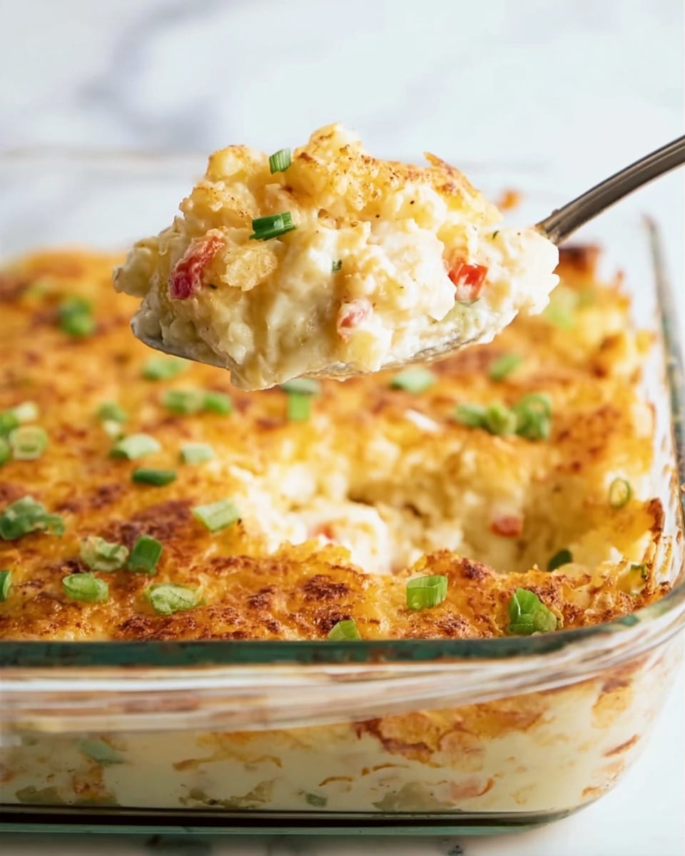 A clear glass casserole dish filled with a creamy, cheesy potato casserole that has a golden-brown baked top layer sprinkled with small bits of green onion. The casserole shows multiple layers with a creamy texture and soft chunks of potatoes inside. A silver spoon is lifting a scoop of the casserole, showing the warm, cheesy inside with small pieces of red pepper and green onion visible. The background is a white marbled surface. Photo taken with an iphone --ar 4:5 --v 7