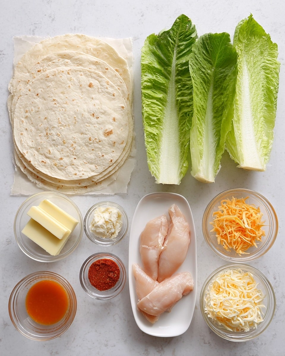 A white marbled surface holds various ingredients arranged neatly: on the left, three folded light beige tortillas; next to them, four crisp green romaine lettuce leaves stacked vertically with visible veins and texture; to the right, a small white oval plate with four rectangular light yellow butter sticks; below that, three small clear glass bowls with finely ground spices (red, white, and light brown), bright orange sauce, and raw pale pink chicken fillets; on the upper right, two small clear bowls filled with shredded orange and white cheese. photo taken with an iphone --ar 4:5 --v 7