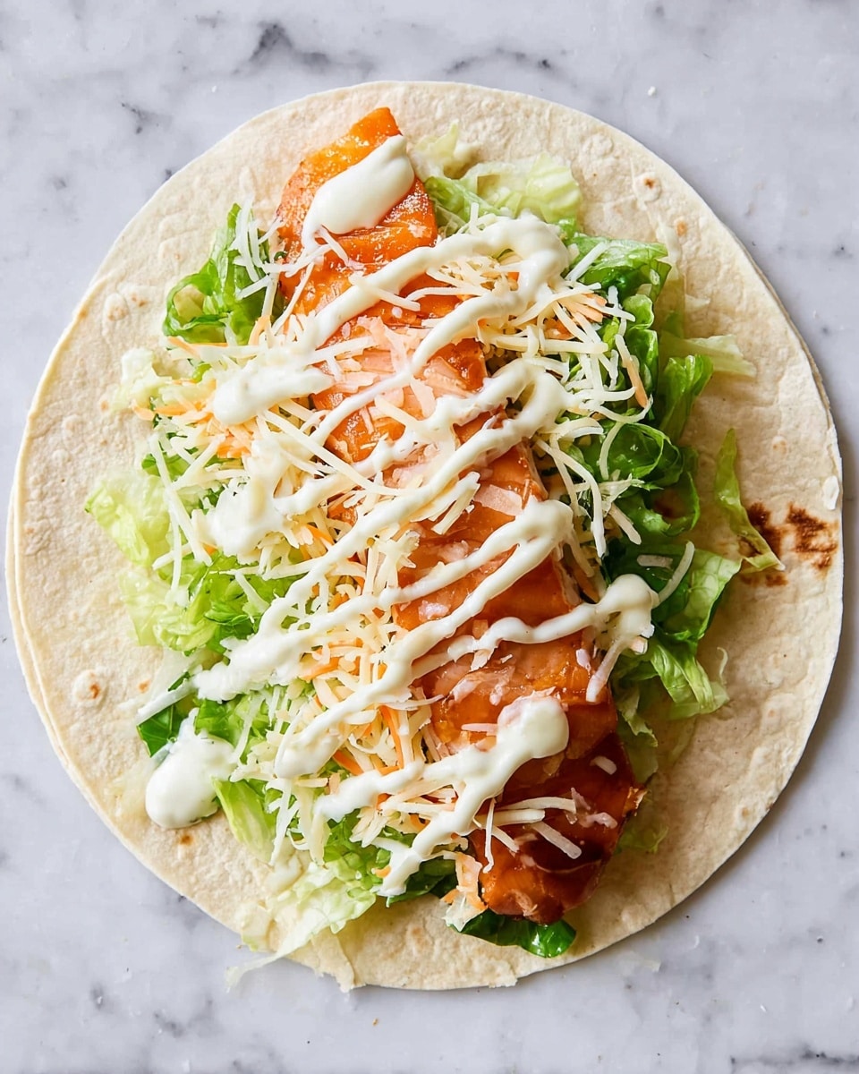A soft, round tortilla laid flat on a white marbled surface holds several distinct layers. The bottom layer is bright green shredded lettuce spread evenly across the center. On top of the lettuce, there is a thick piece of orange-glazed fish placed horizontally. Above the fish, a mix of fine shredded white and orange cheese is sprinkled generously. The top layer is a light drizzle of creamy white sauce flowing across the cheese and fish. The colors and textures contrast clearly, with the soft tortilla base, crunchy lettuce, tender fish, and melted cheese making it look fresh and tasty. Photo taken with an iphone --ar 4:5 --v 7