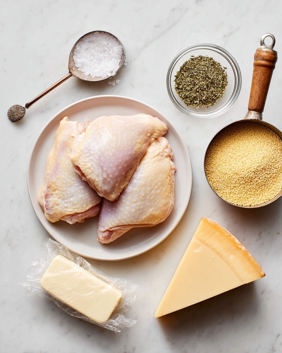 A white plate sits in the center holding three raw chicken pieces with light pink and slightly shiny skin, layered in a loose stack. To the top left of the plate is a small measuring spoon filled with salt, featuring a wooden handle. Below the salt is a small clear bowl filled with green dried herbs. Under the plate is a small wrapped stick of butter in light cream color. To the right, a metal measuring cup with a wooden handle is filled with yellowish breadcrumbs. Near the bottom right corner is a wedge of hard cheese with a yellow rind. All items are placed on a white marbled surface. Photo taken with an iphone --ar 4:5 --v 7