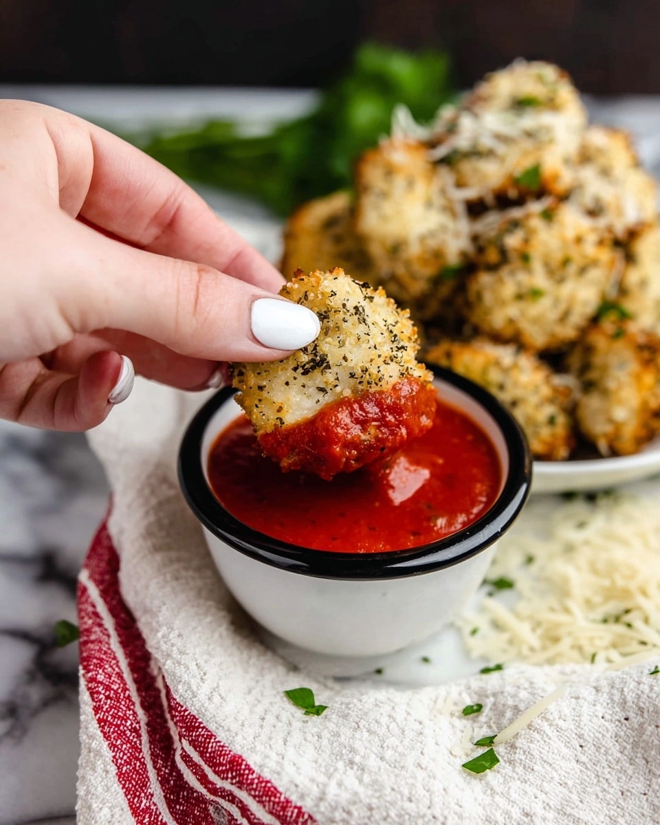 A woman's hand with white nail polish is holding a small crispy, golden-brown nugget coated with herbs and black pepper. The bottom part of the nugget is dipped in a thick, bright red marinara sauce inside a small white cup with a black rim. In the background, there is a white plate piled with more of the same nuggets, and some grated cheese and green herbs are scattered on the black surface next to a white textured cloth with a red stripe. The whole scene is set on a white marbled texture. photo taken with an iphone --ar 4:5 --v 7