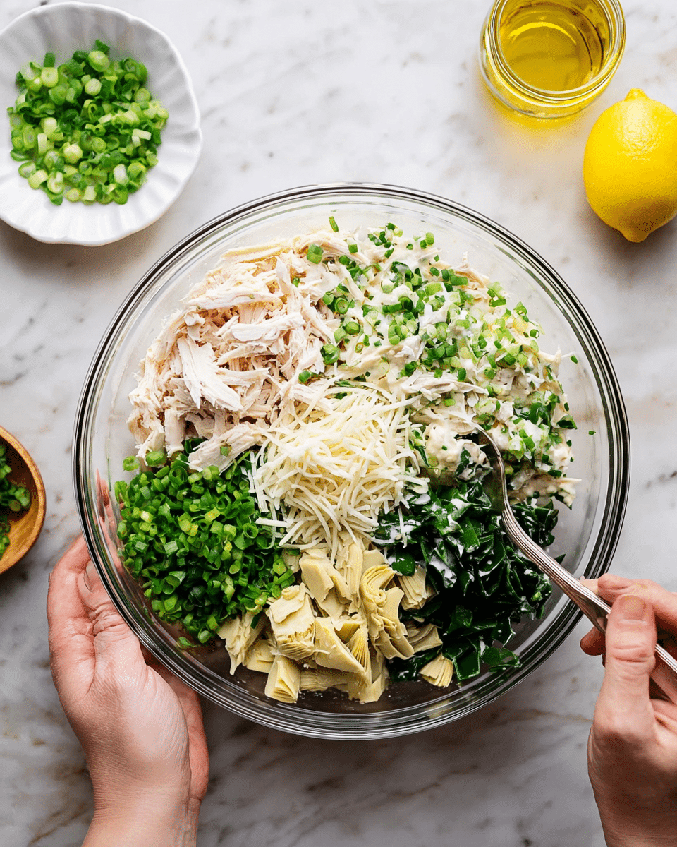 A clear glass bowl is shown from above, held by a woman's left hand on the left side, while the woman's right hand holds a spoon stirring inside. Inside the bowl, the ingredients are in four main sections: shredded white chicken at the top right, finely chopped green onions at the top left, chopped fresh dark green spinach at the bottom right, and chopped pale yellow artichoke hearts at the bottom left. There is a creamy white sauce drizzled mostly in the center, with some shredded white cheese sprinkled over it. The bowl rests on a white marbled surface, and around it are a small white dish with chopped green onions, a halved lemon, and a small glass jar of yellow oil. Photo taken with an iphone --ar 4:5 --v 7