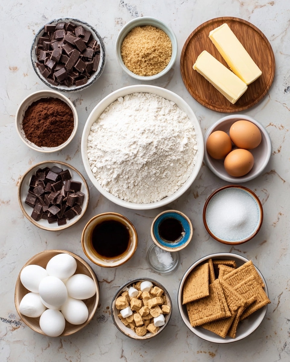 The image shows various baking ingredients arranged in white and wooden bowls on a white marbled surface. In the center, there is a large white bowl filled with white flour. Surrounding it are smaller bowls holding dark chocolate chunks, cocoa powder, white sugar, and brown sugar. Two sticks of butter rest on a small round wooden plate. There are also white marshmallows in a white bowl, two whole brown eggs on a white plate with a small bowl of dark liquid, and small bowls containing baking soda, salt, and flaky salt. Lastly, two bowls contain broken graham crackers, one mixed with dark chocolate pieces. The arrangement is neat and colorful, showing different textures like powder, solid chunks, and soft marshmallows. Photo taken with an iphone --ar 4:5 --v 7