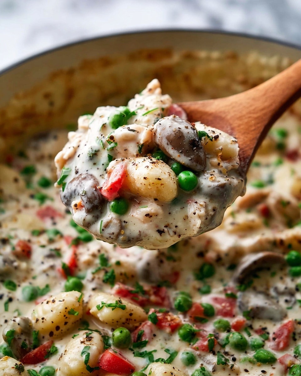 A wooden spoon lifts a creamy dish filled with several layers of colorful ingredients from a pot. The dish has small, white gnocchi pieces mixed with sliced brown mushrooms, bright green peas, and red bell pepper chunks, all coated in a thick, white sauce sprinkled with black pepper and chopped green herbs. The background shows the same creamy mix with vibrant vegetable pieces scattered throughout on a white marbled textured surface. The close-up focuses on the textures of the sauce and the fresh vegetables, capturing the warm and hearty feel. photo taken with an iphone --ar 4:5 --v 7