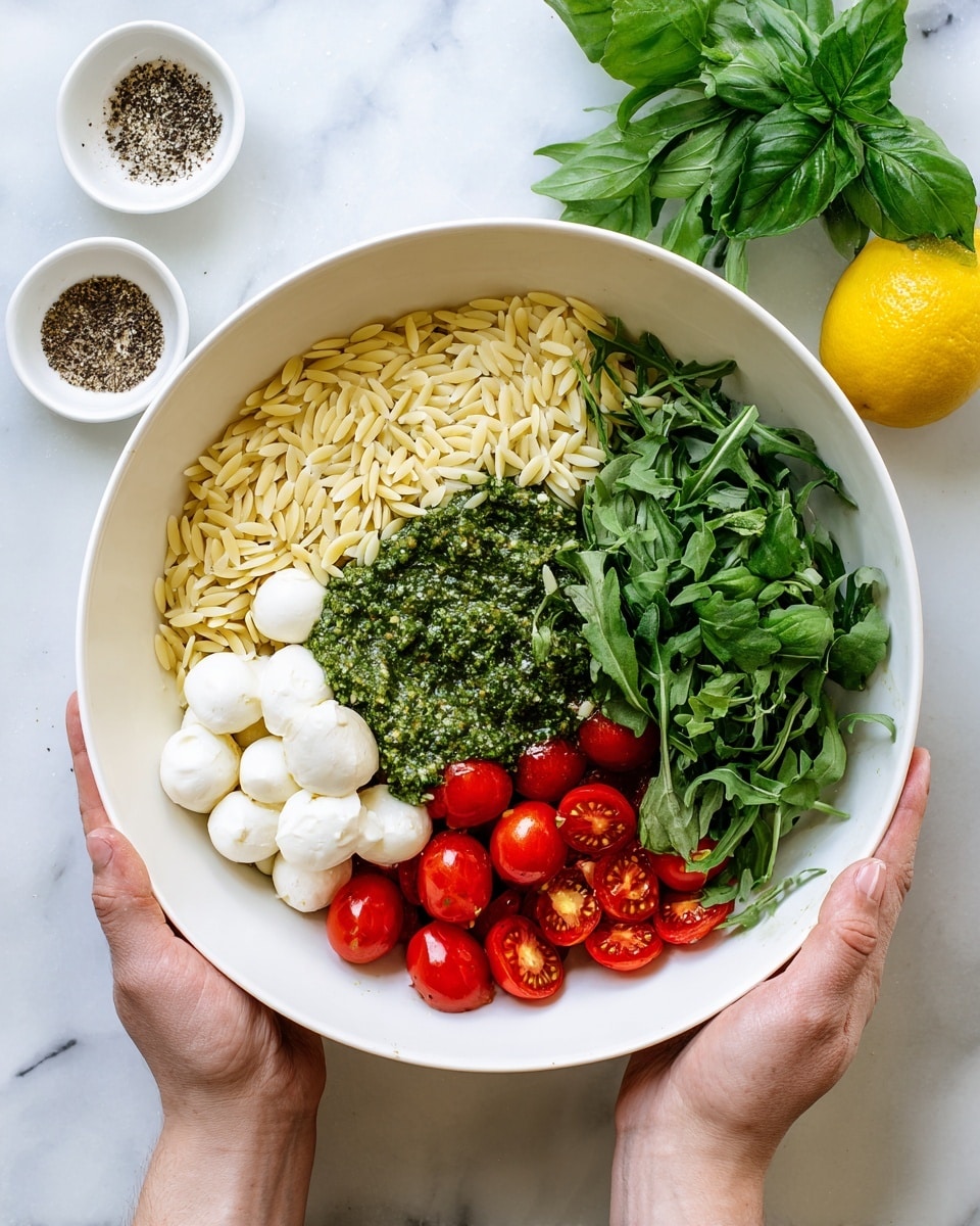 A white bowl contains six sections of ingredients arranged separately: small cooked orzo pasta in a pale yellow color, shiny dark green pesto spread over the pasta, white small mozzarella balls, thinly sliced dark green basil leaves, whole and halved bright red cherry tomatoes, and fresh green arugula leaves. The bowl is held by two hands over a white marbled surface with fresh basil leaves and half a lemon nearby. Small white bowls with pepper are also visible. photo taken with an iphone --ar 4:5 --v 7