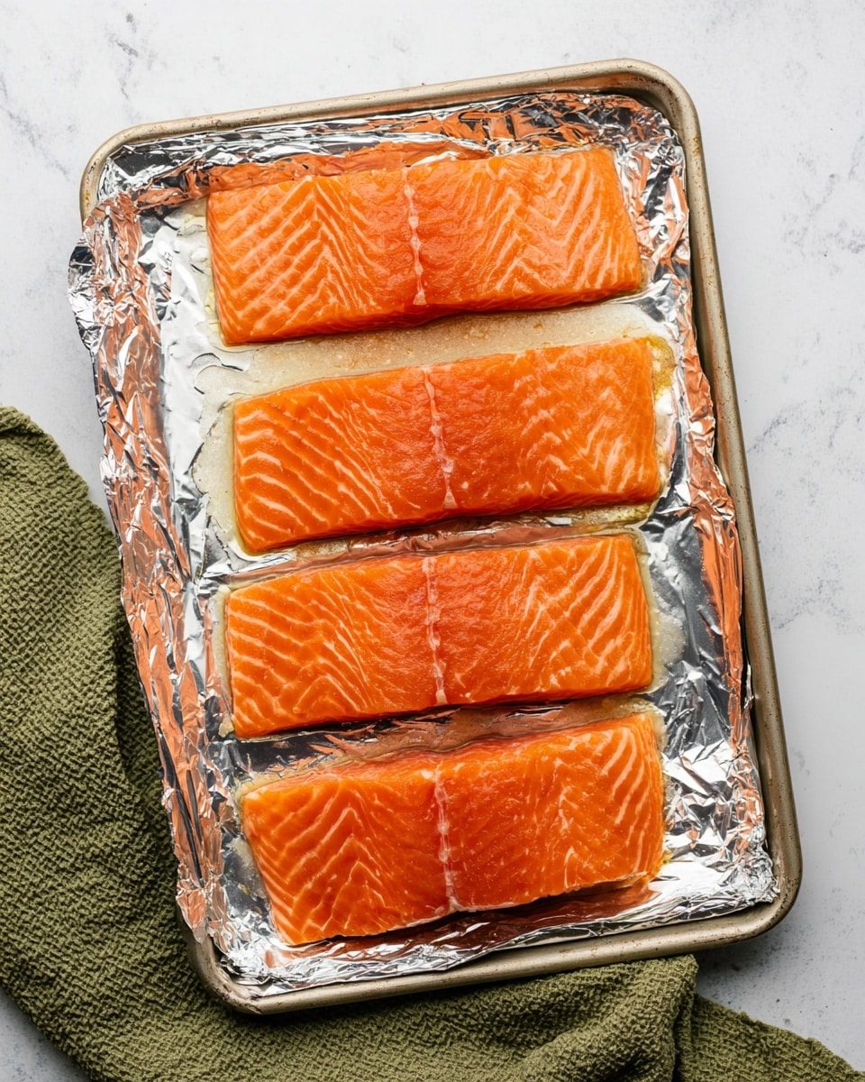 Four thick, orange salmon fillets lay side by side in a single row on a crinkled sheet of shiny silver foil, which covers a tray. The fillets have smooth, glossy surfaces with visible natural lines and a slightly wet texture from a light sauce. The tray with foil rests on a white marbled texture counter, and a green textured cloth sits partially visible at the lower left side. Photo taken with an iphone --ar 4:5 --v 7