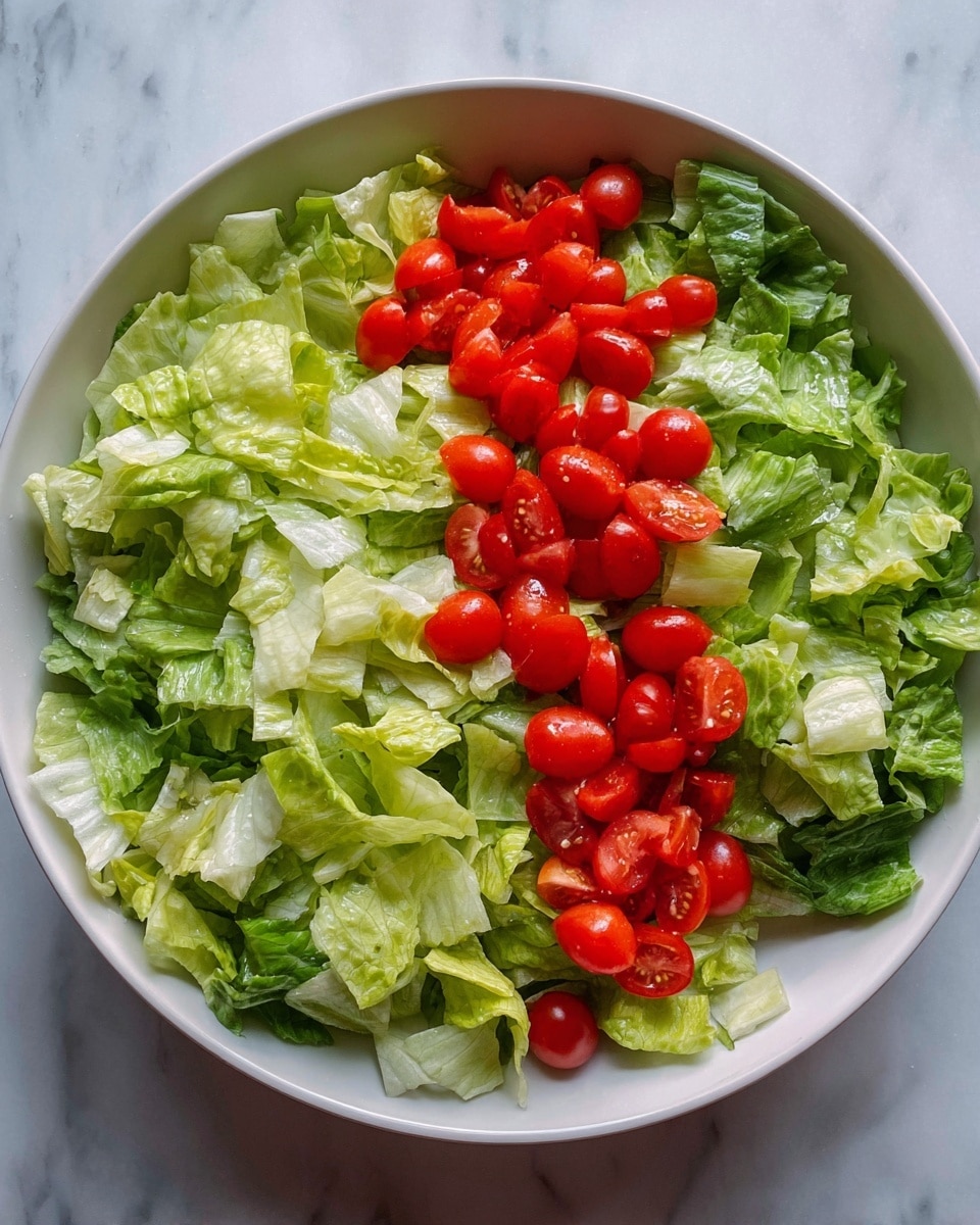A white bowl filled with a fresh salad that has two main layers: the bottom layer is chopped green lettuce with different shades of green, showing some leafy texture and slight crinkles, while the top layer is a neat line of bright red, chopped cherry tomatoes placed across the center of the bowl. The bowl rests on a white marbled surface. photo taken with an iphone --ar 4:5 --v 7