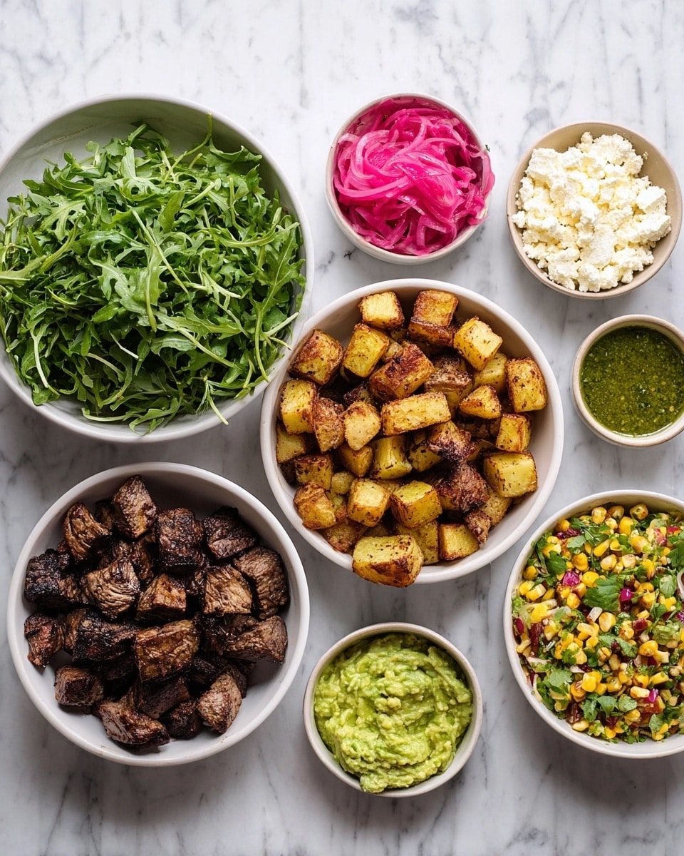 The image shows seven white bowls arranged on a white marbled surface, each holding different food ingredients. Starting from the top left, there is a bowl filled with golden-brown roasted potato cubes. Below that, there is a bowl full of fresh, green arugula leaves. To the right of the arugula, a bowl contains a mix of yellow corn, small pieces of purple onion, and herbs. To the right of the corn mix, there is a bowl with dark, spiced, bite-sized meat pieces. Above the meat bowl, from left to right, there are small bowls containing bright pink pickled onions, crumbly white cheese, and mashed green guacamole. Between the cheese and pickled onions bowls, there is a small bowl with green herb sauce with visible chili flakes. The colors contrast well against the white marbled surface photo taken with an iphone --ar 4:5 --v 7