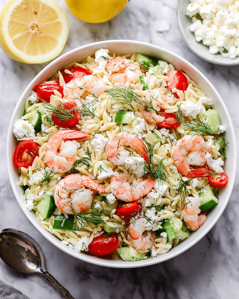 A white bowl filled with a fresh shrimp salad layered with small cooked shrimp that are light pink and curled, bright red cherry tomatoes, chopped light green cucumbers, and small white orzo pasta shapes. Crumbled white feta cheese is sprinkled evenly on top, along with some green dill and finely chopped herbs scattered throughout. Two silver spoons rest in the bowl, and the bowl is placed on a white marbled surface. photo taken with an iphone --ar 4:5 --v 7