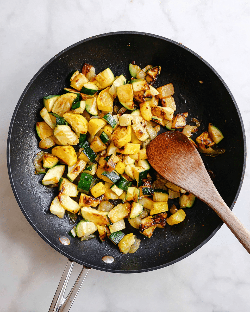 A black pan holds cooked pieces of vegetables, mainly light yellow, pale green, and dark green, with a few brown grilled spots on them, spread in one layer. A wooden spoon with light brown tones lies on the right side of the pan, touching the food. The pan is placed on a white marbled surface. photo taken with an iphone --ar 4:5 --v 7