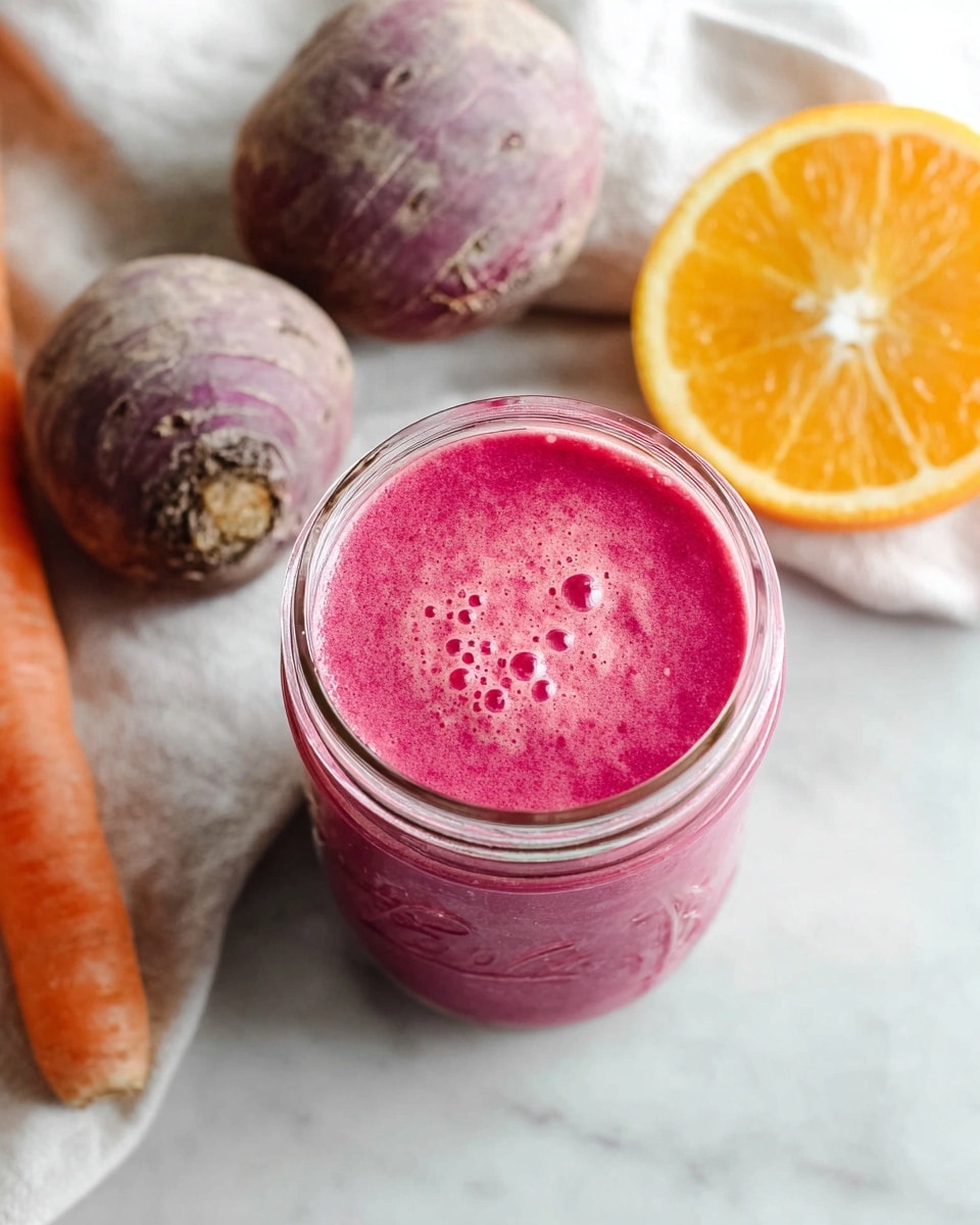 A clear glass jar filled with a thick, bright pink smoothie filling the jar almost to the rim. On the rim, there is a fresh orange slice with its bright orange color creating a sharp contrast against the pink smoothie. In the background, there are three whole root vegetables showing pale purple, orange, and light brown tones with a slightly rough texture, all placed on a white marbled surface. A white cloth is softly draped behind the jar, adding a gentle textural element. The lighting is bright and natural, highlighting the smoothie’s smooth texture and the fresh look of the orange slice. photo taken with an iphone --ar 4:5 --v 7